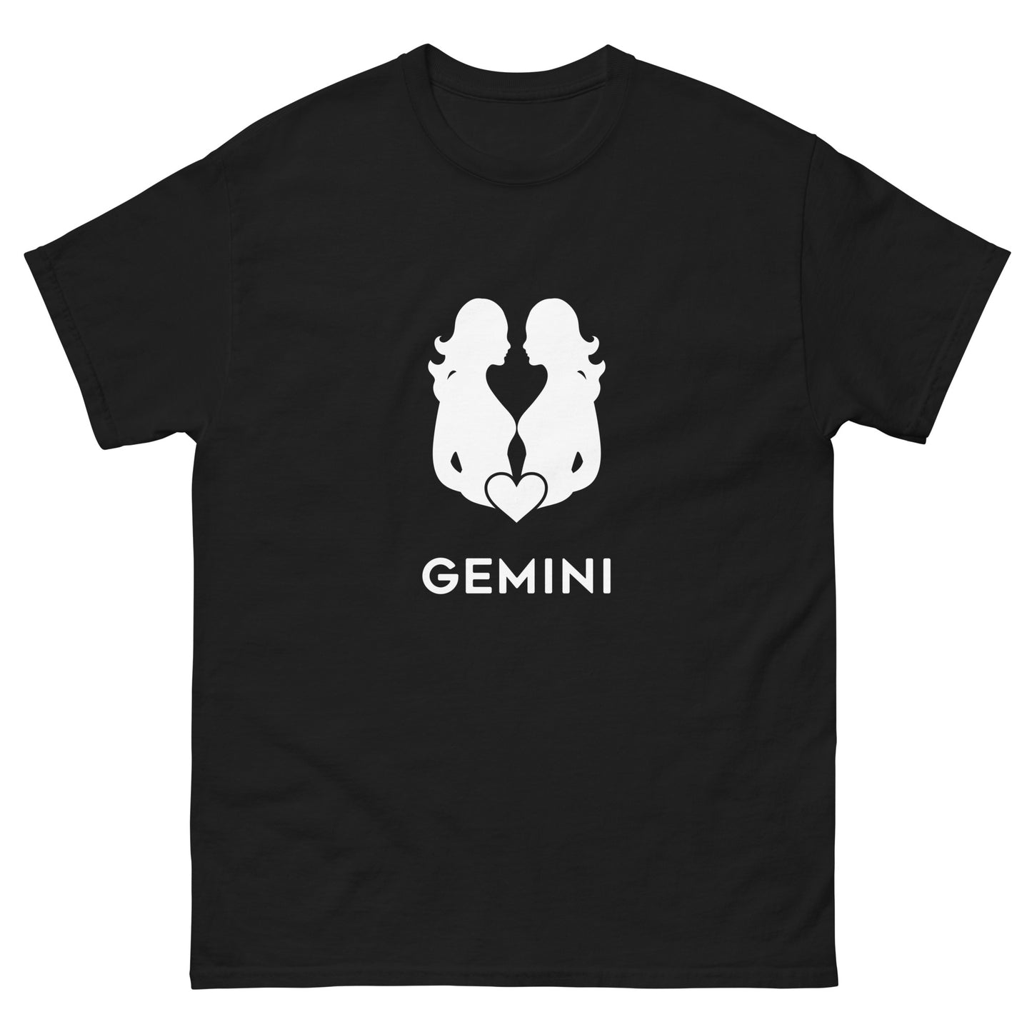 black Gemini Zodiac Sign T-shirt from Yebber, featuring a minimalist twin symbol with a heart – statement clothing for astrology enthusiasts.