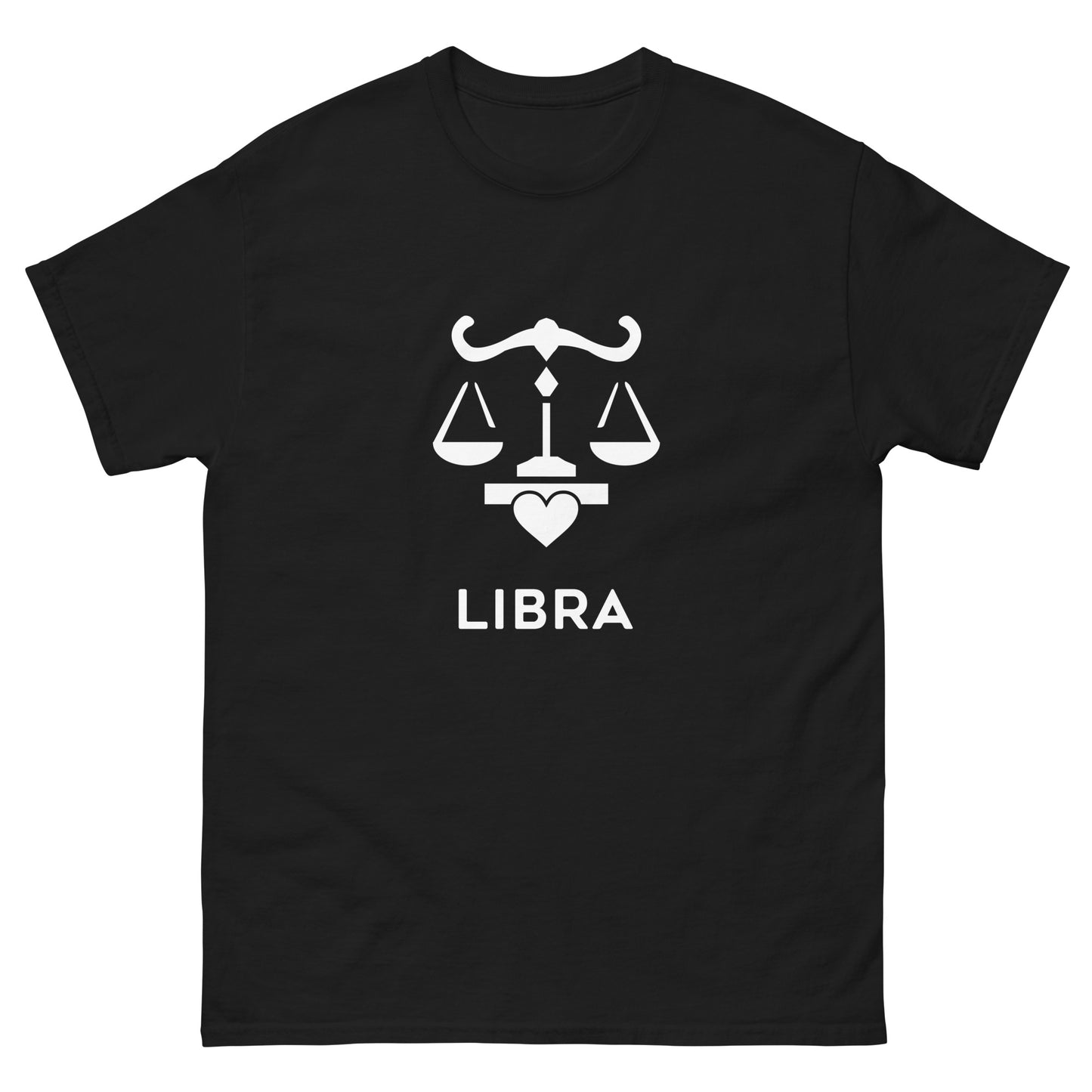 black Libra Zodiac Sign T-shirt from Yebber, featuring a minimalist scales symbol with a heart – statement clothing for astrology enthusiasts.