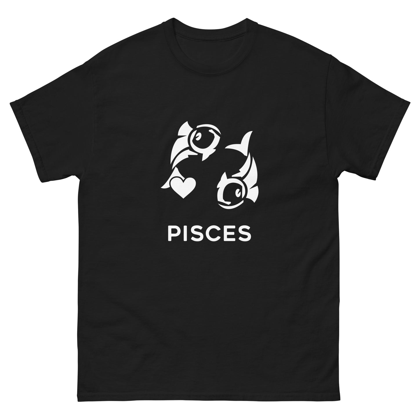 black Pisces Zodiac Sign T-shirt from Yebber, featuring a minimalist fish symbol with a heart – statement clothing for astrology enthusiasts.