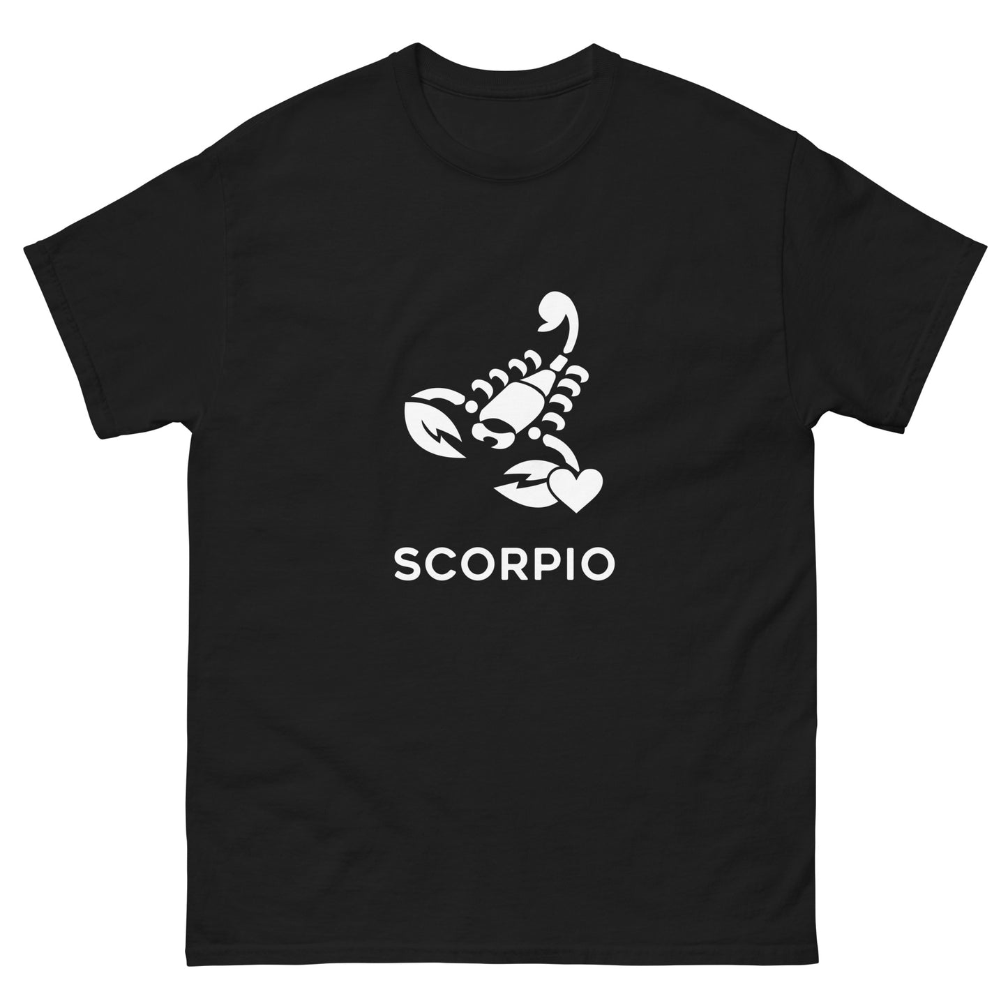 Black Scorpio Zodiac Sign T-shirt from Yebber, featuring a minimalist scorpion symbol with a heart – statement clothing for astrology enthusiasts.