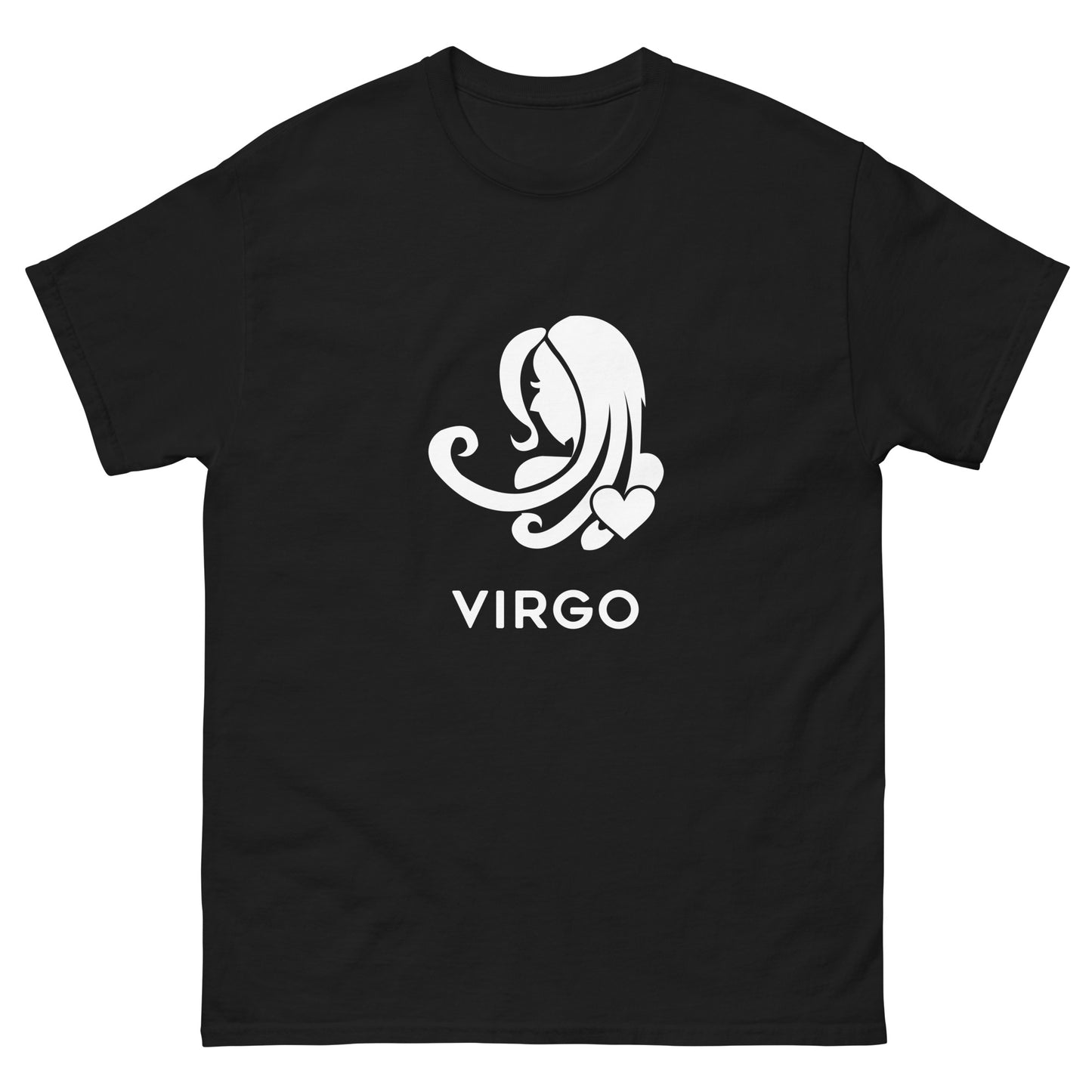 Black Virgo Zodiac Sign T-shirt from Yebber, featuring a minimalist Virgo symbol with a heart – statement clothing for astrology enthusiasts.