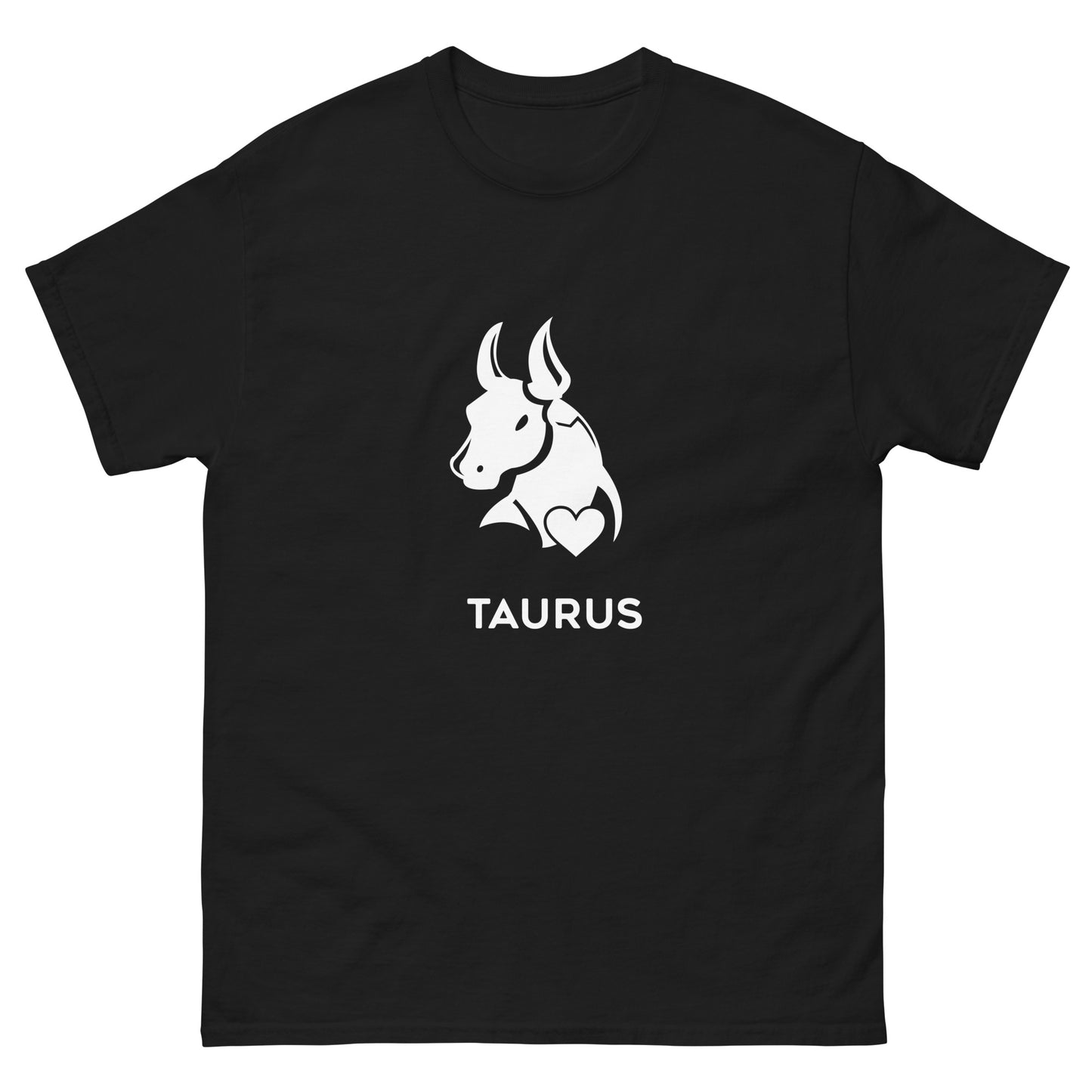 Black Taurus Zodiac Sign T-shirt from Yebber, featuring a minimalist bull symbol in a heart – statement clothing for astrology enthusiasts.