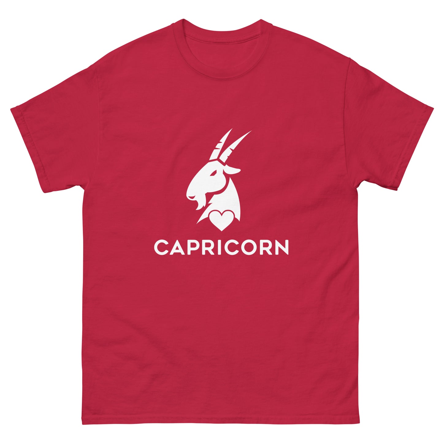 cardinal Capricorn Zodiac Sign T-shirt from Yebber, featuring a minimalist goat symbol with a heart – statement clothing for astrology enthusiasts.