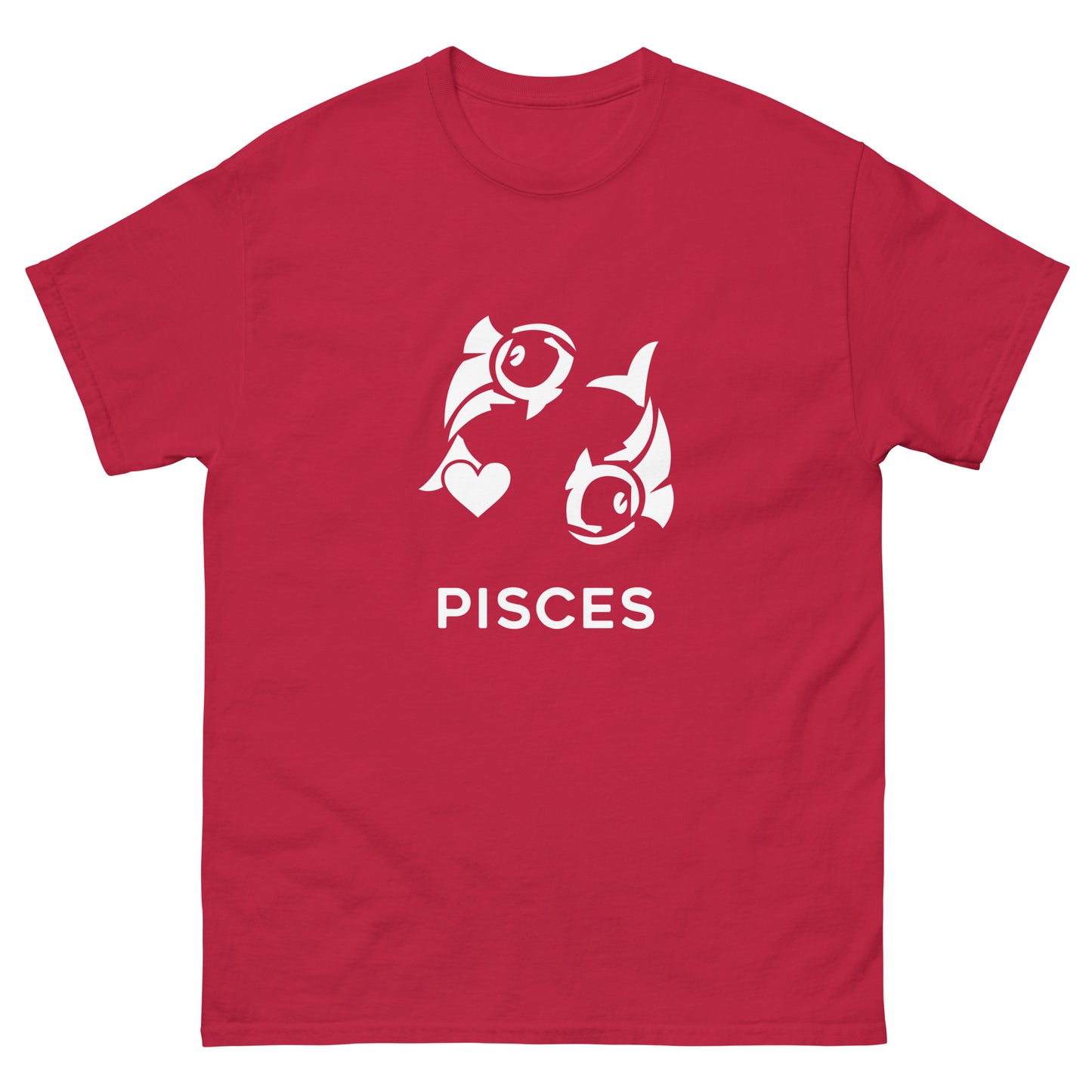 cardinal Pisces Zodiac Sign T-shirt from Yebber, featuring a minimalist fish symbol with a heart – statement clothing for astrology enthusiasts.