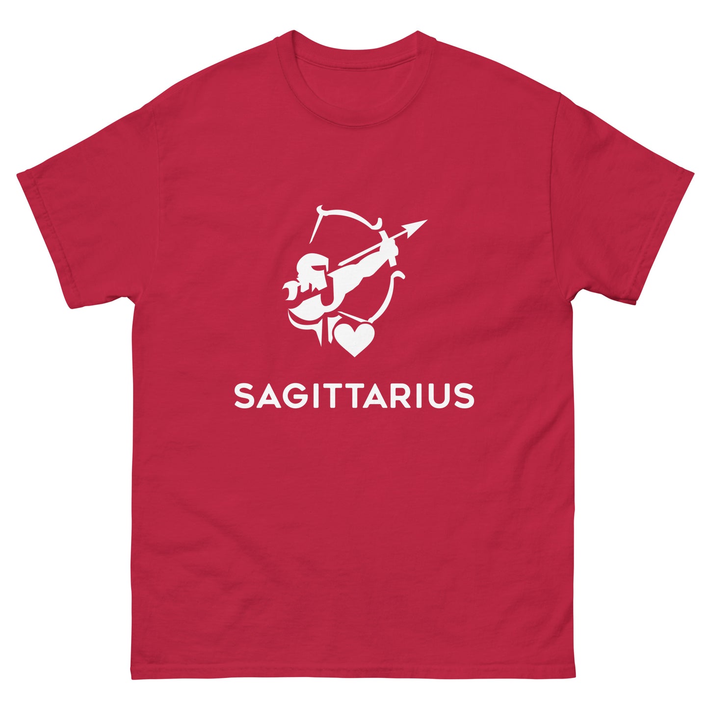 cardinal Sagittarius Zodiac Sign T-shirt from Yebber, featuring a minimalist archer symbol with a heart – statement clothing for astrology enthusiasts.