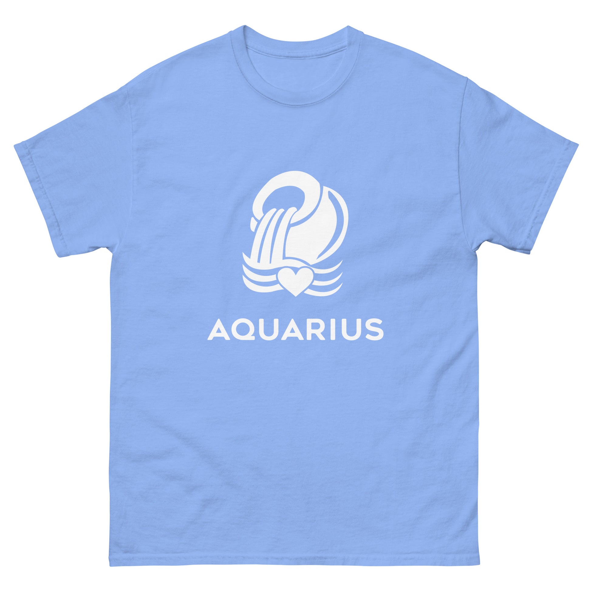 carolina blue Aquarius Zodiac Sign T-shirt from Yebber, featuring a minimalist Aquarius glyph with a heart – perfect statement clothing for astrology lovers.