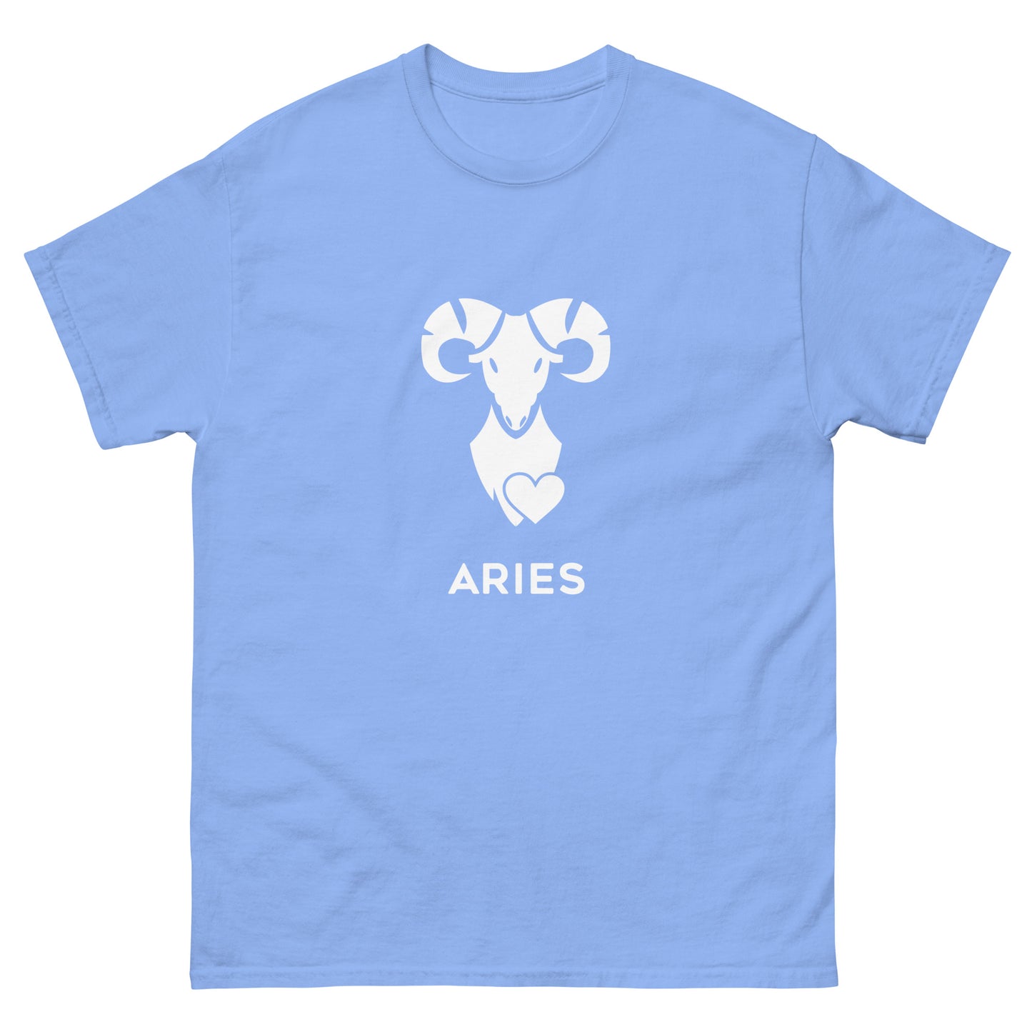 carolina blue Aries Zodiac Sign T-shirt from Yebber, featuring a minimalist ram symbol with a heart – statement clothing for astrology enthusiasts.