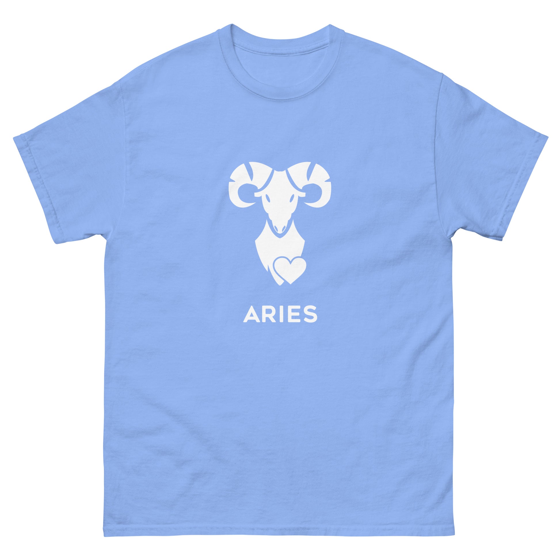 carolina blue Aries Zodiac Sign T-shirt from Yebber, featuring a minimalist ram symbol with a heart – statement clothing for astrology enthusiasts.