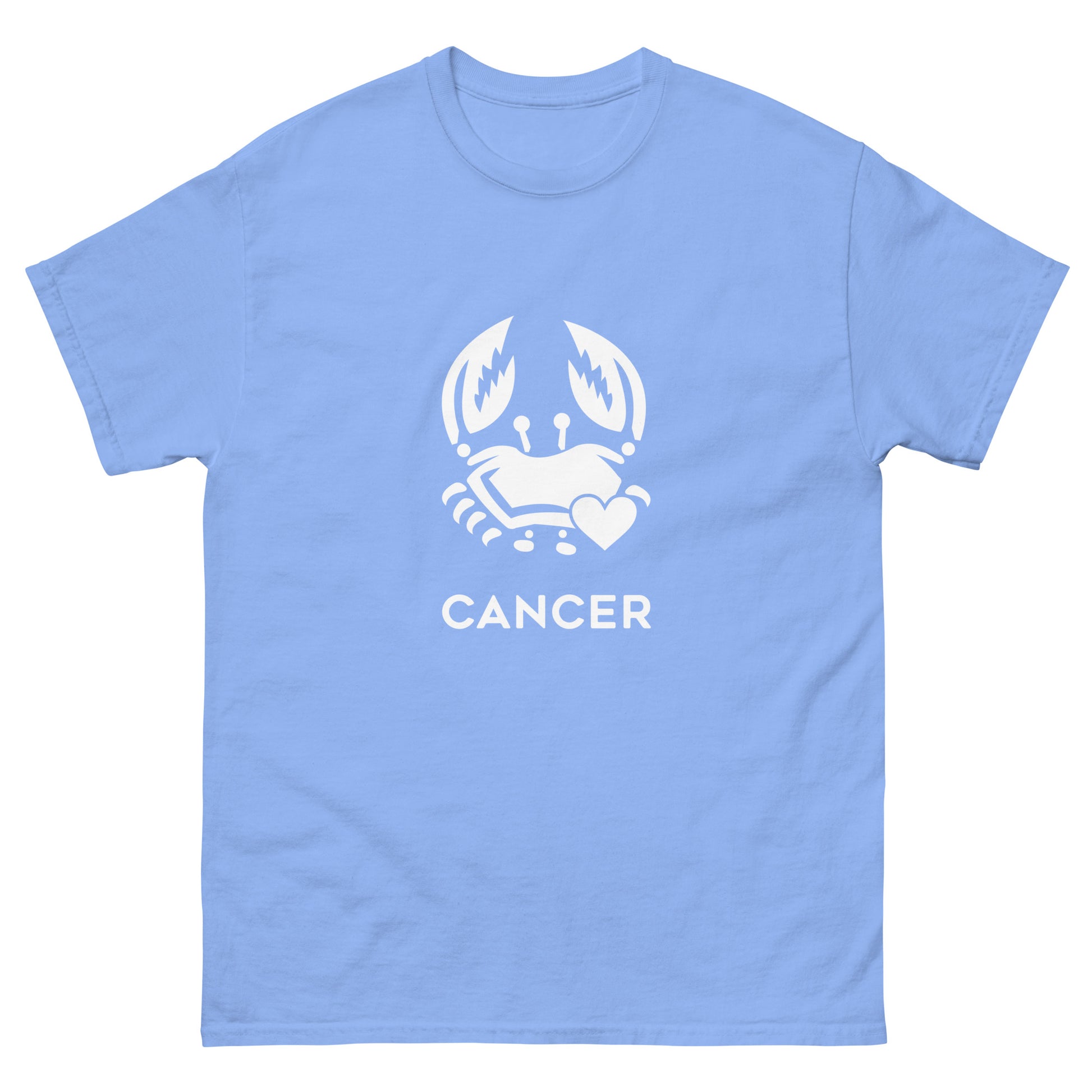 carolina blue Cancer Zodiac Sign T-shirt from Yebber, featuring a minimalist crab symbol with a heart – statement clothing for astrology enthusiasts.