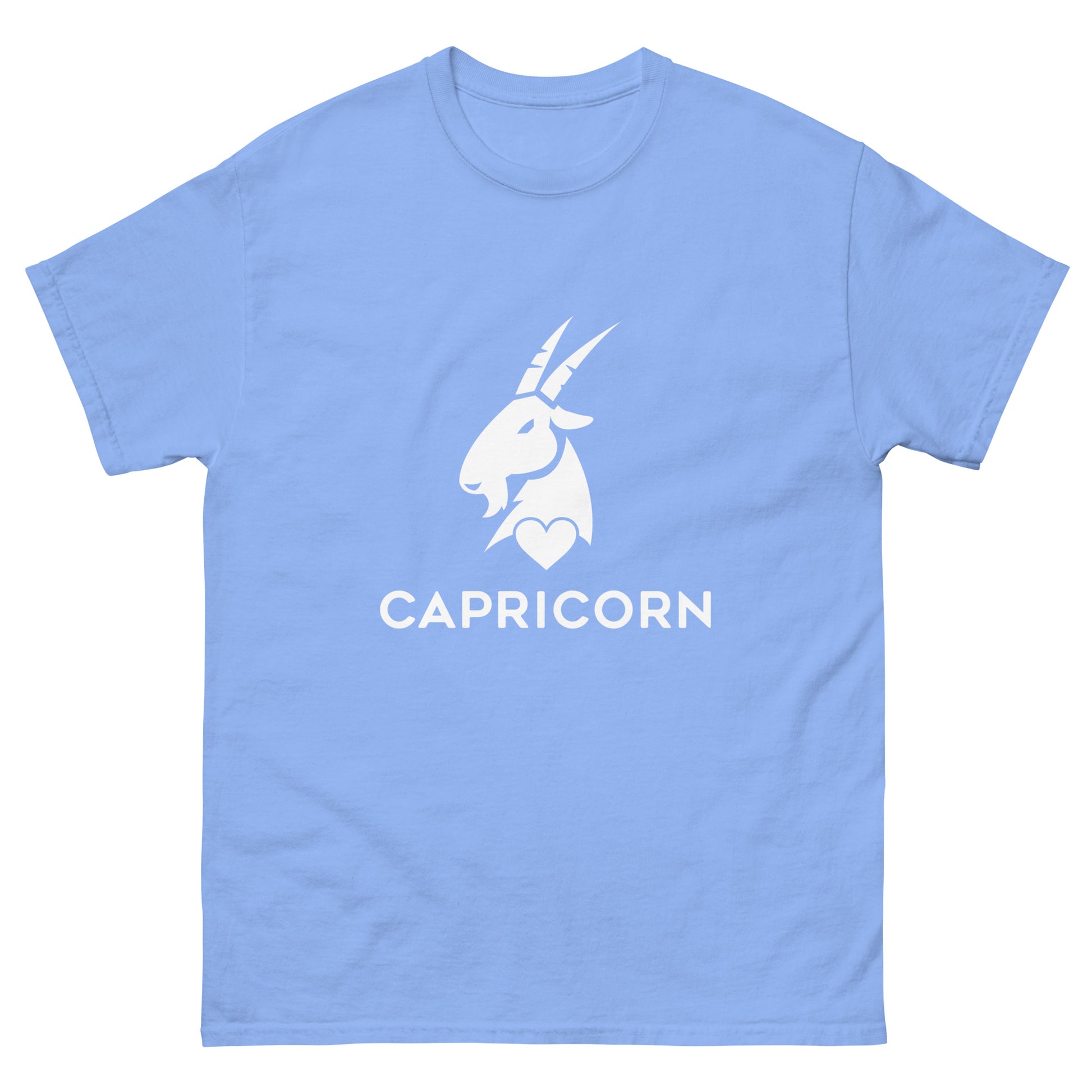 carolina blue Capricorn Zodiac Sign T-shirt from Yebber, featuring a minimalist goat symbol with a heart – statement clothing for astrology enthusiasts.