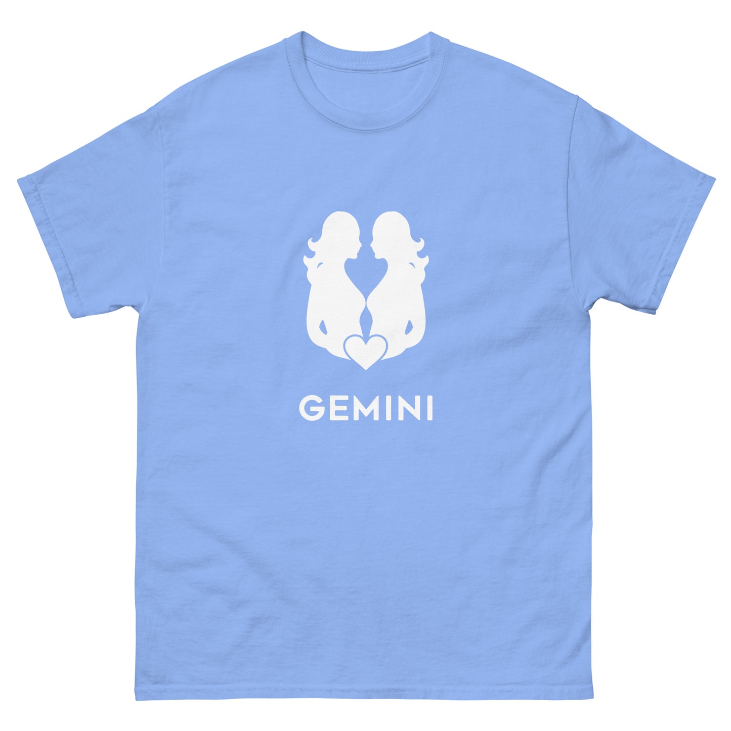 carolina blue Gemini Zodiac Sign T-shirt from Yebber, featuring a minimalist twin symbol with a heart – statement clothing for astrology enthusiasts.