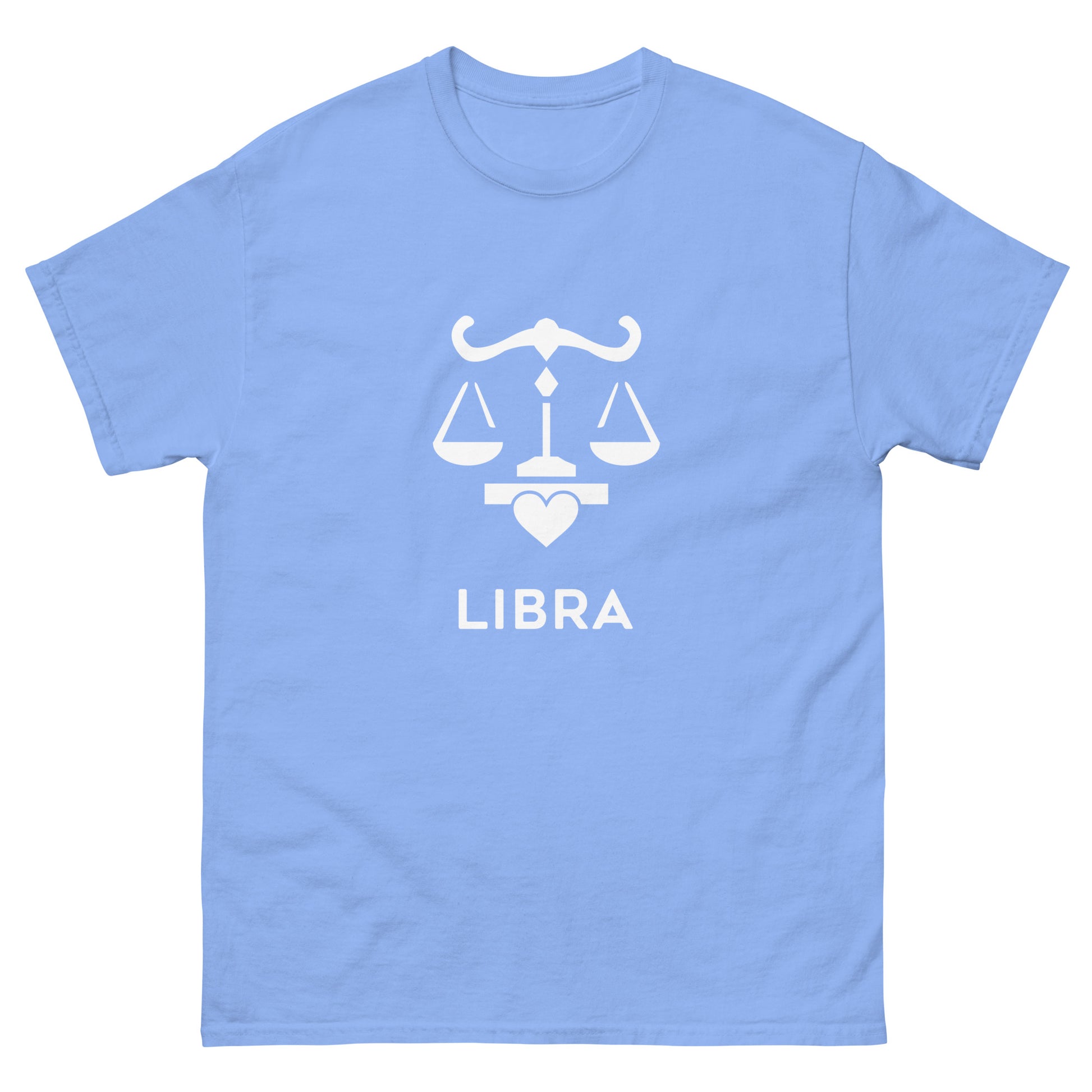 carolina blue Libra Zodiac Sign T-shirt from Yebber, featuring a minimalist scales symbol with a heart – statement clothing for astrology enthusiasts.