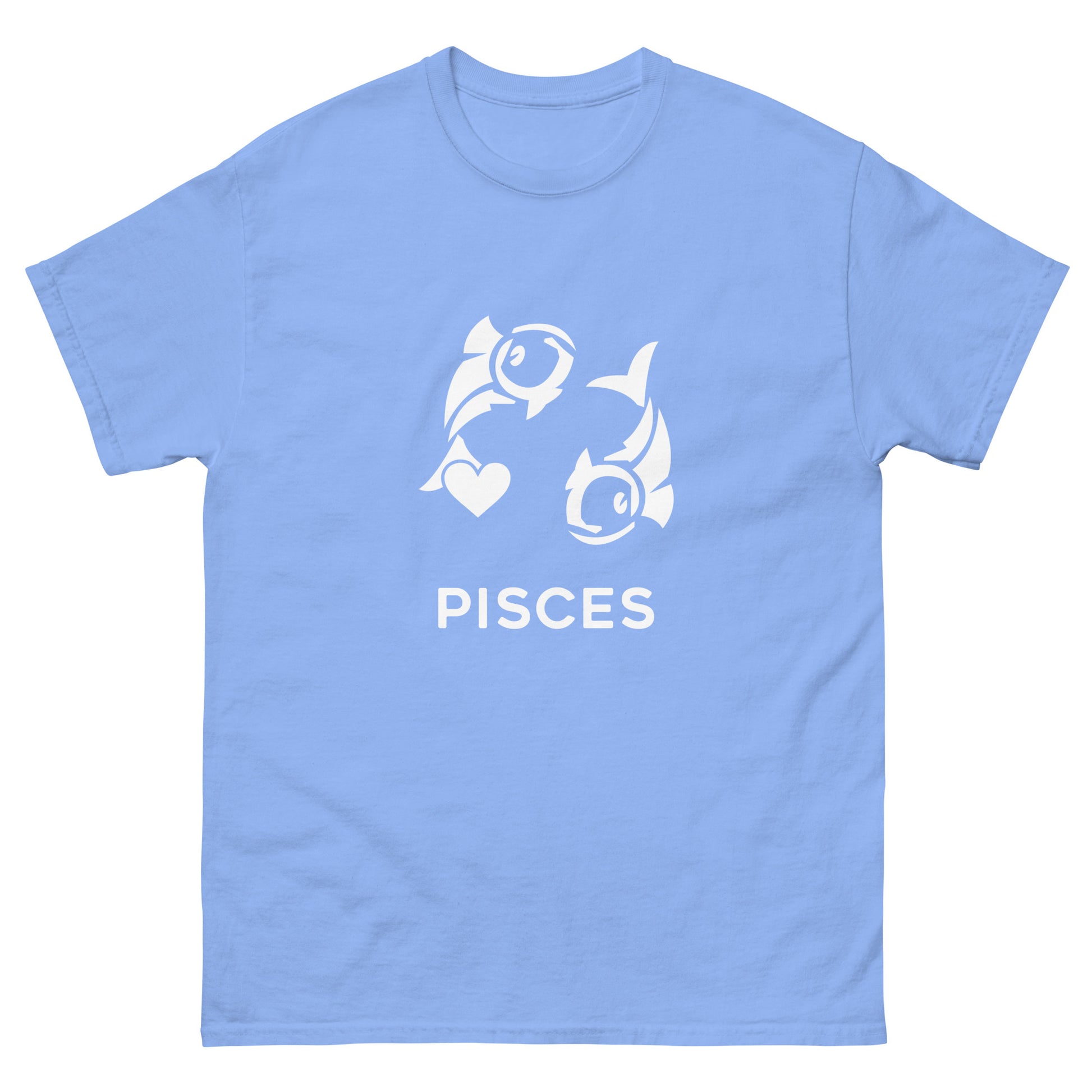 carolina blue Pisces Zodiac Sign T-shirt from Yebber, featuring a minimalist fish symbol with a heart – statement clothing for astrology enthusiasts.