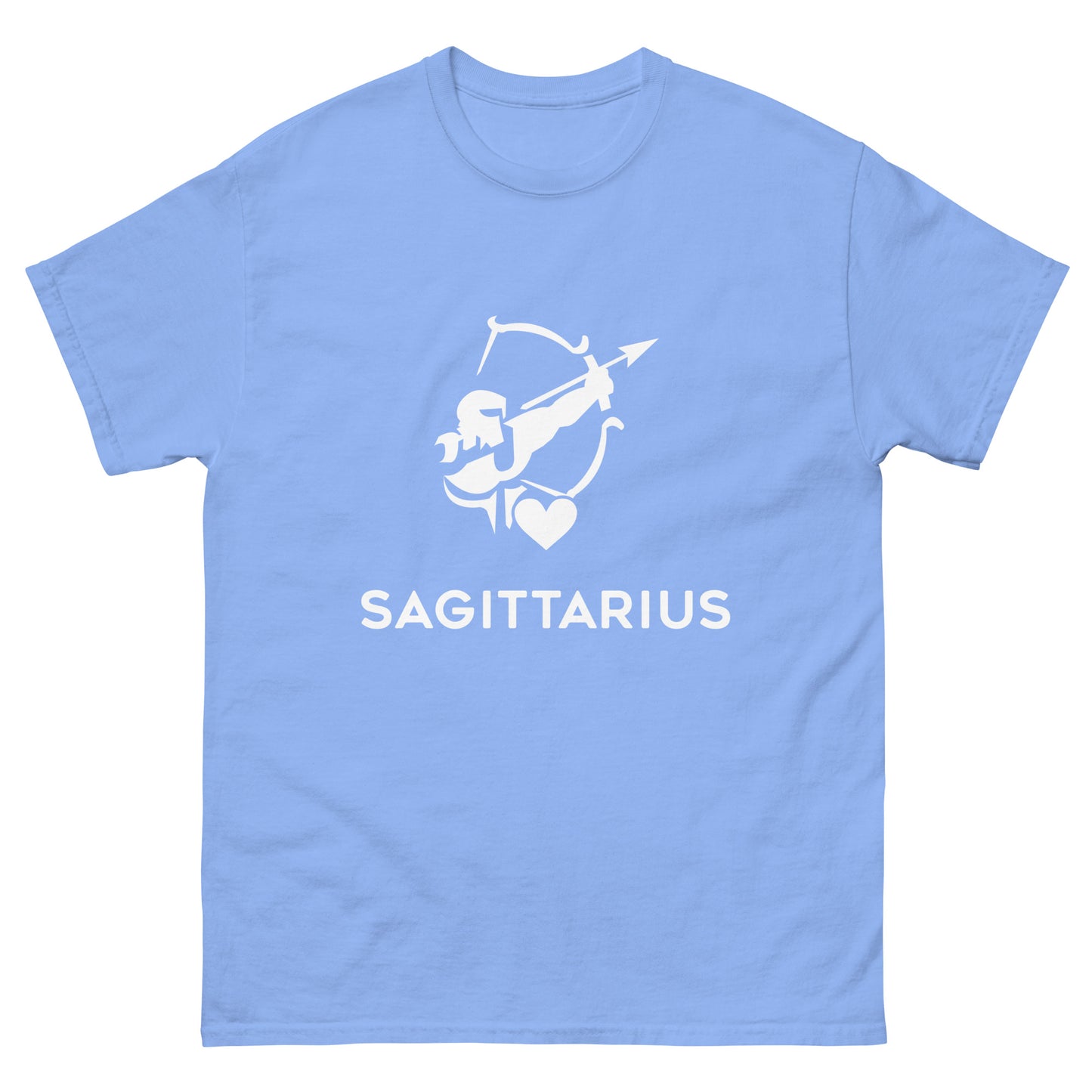 carolina blue Sagittarius Zodiac Sign T-shirt from Yebber, featuring a minimalist archer symbol with a heart – statement clothing for astrology enthusiasts.