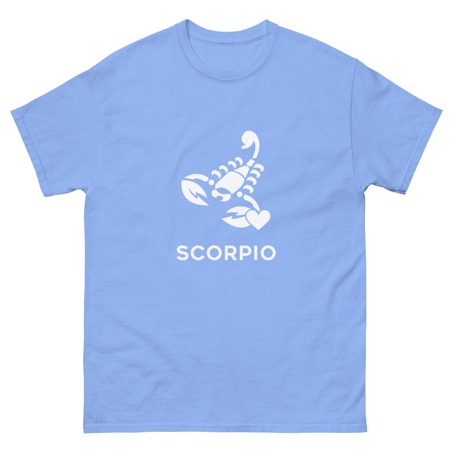 carolina blue Scorpio Zodiac Sign T-shirt from Yebber, featuring a minimalist scorpion symbol with a heart – statement clothing for astrology enthusiasts.