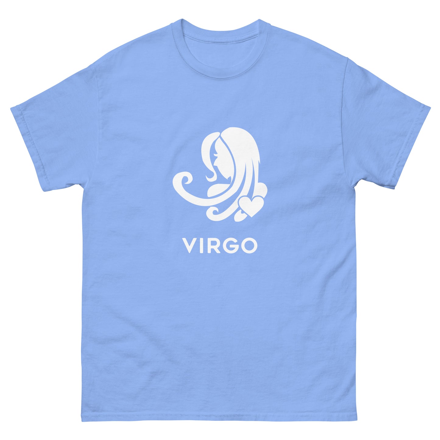 Carolina Blue Virgo Zodiac Sign T-shirt from Yebber, featuring a minimalist Virgo symbol with a heart – statement clothing for astrology enthusiasts.