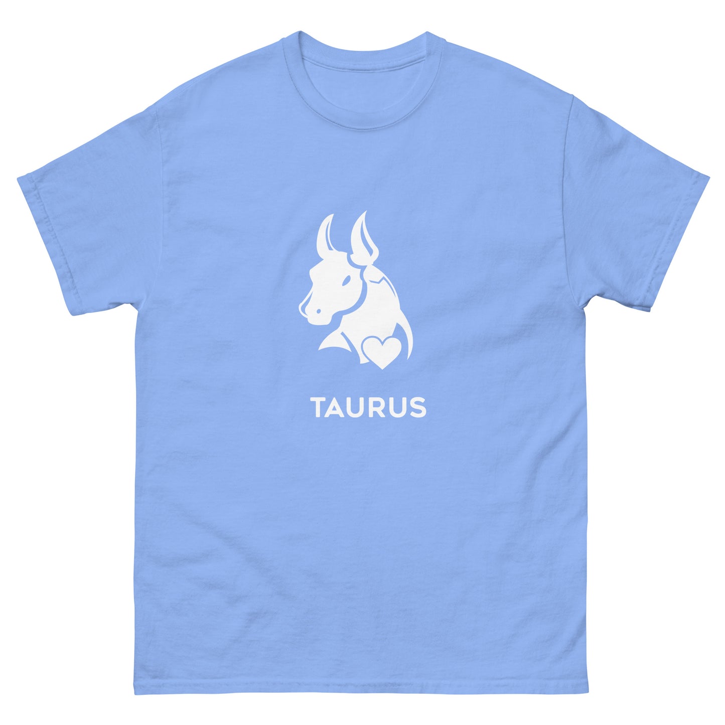 Carolina Blue Taurus Zodiac Sign T-shirt from Yebber, featuring a minimalist bull symbol in a heart – statement clothing for astrology enthusiasts.