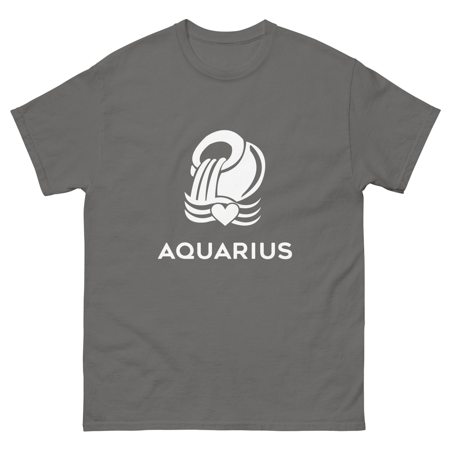 charcoal Aquarius Zodiac Sign T-shirt from Yebber, featuring a minimalist Aquarius glyph with a heart – perfect statement clothing for astrology lovers.