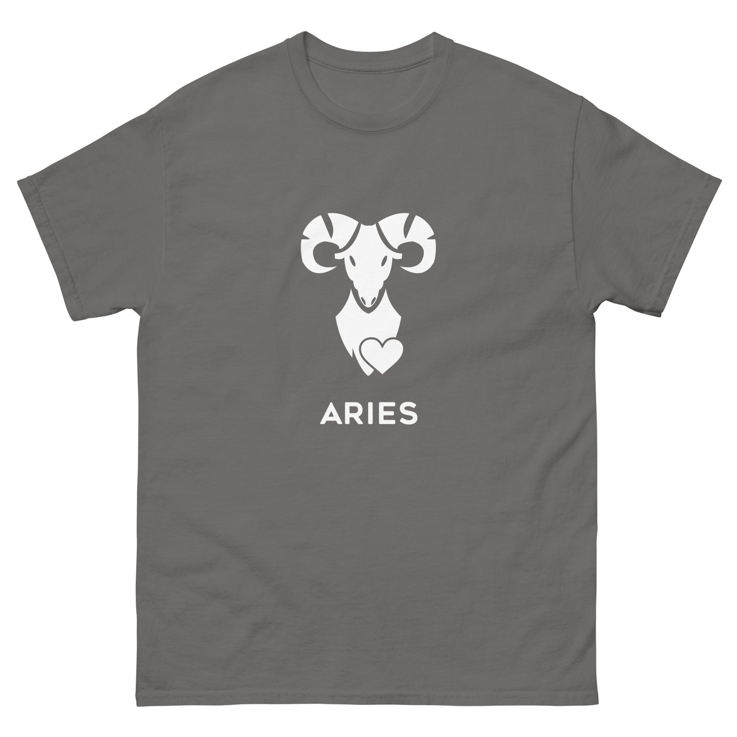 charcoal Aries Zodiac Sign T-shirt from Yebber, featuring a minimalist ram symbol with a heart – statement clothing for astrology enthusiasts.