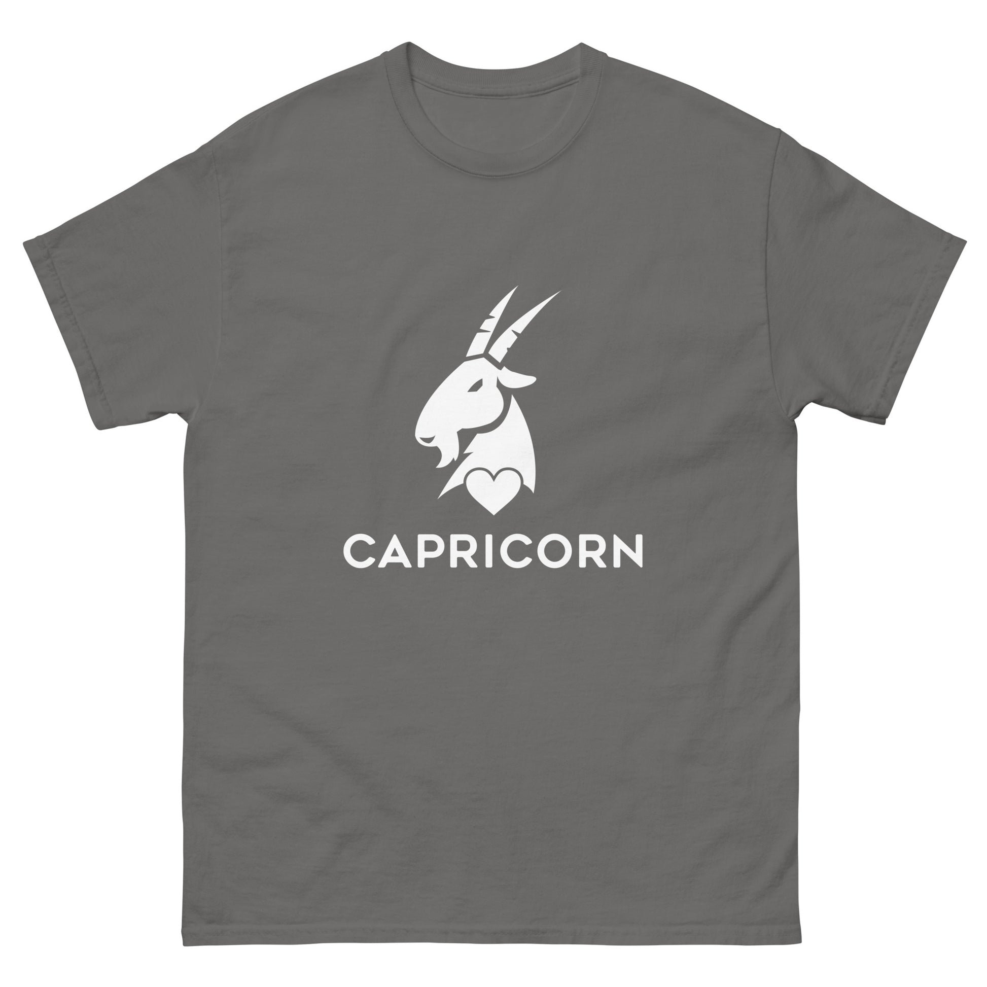 charcoal Capricorn Zodiac Sign T-shirt from Yebber, featuring a minimalist goat symbol with a heart – statement clothing for astrology enthusiasts.