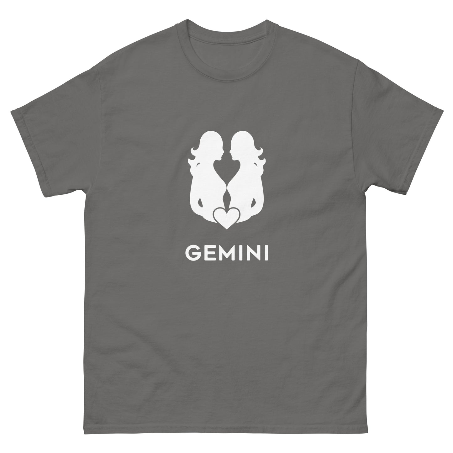 charcoal Gemini Zodiac Sign T-shirt from Yebber, featuring a minimalist twin symbol with a heart – statement clothing for astrology enthusiasts.