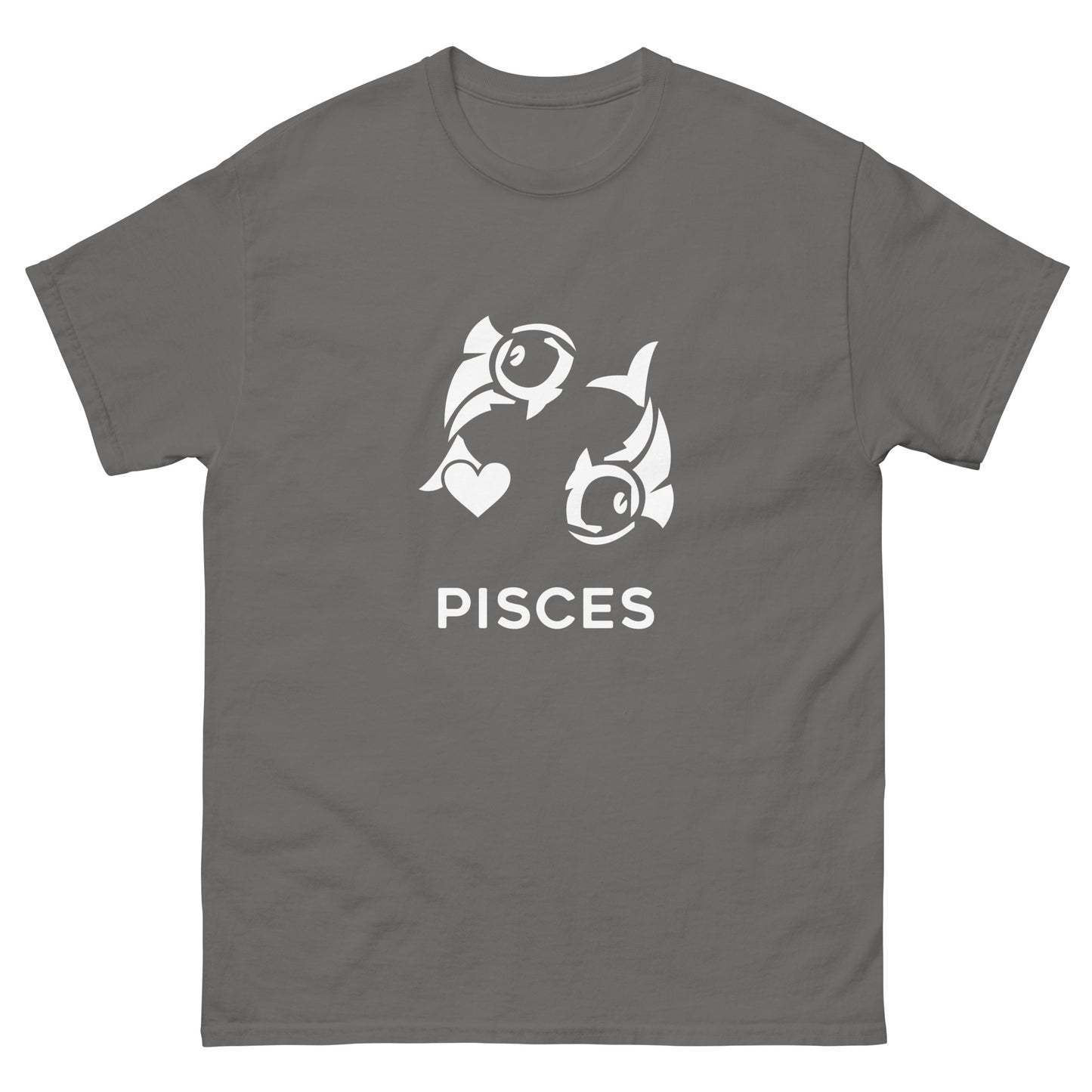 charcoal Pisces Zodiac Sign T-shirt from Yebber, featuring a minimalist fish symbol with a heart – statement clothing for astrology enthusiasts.