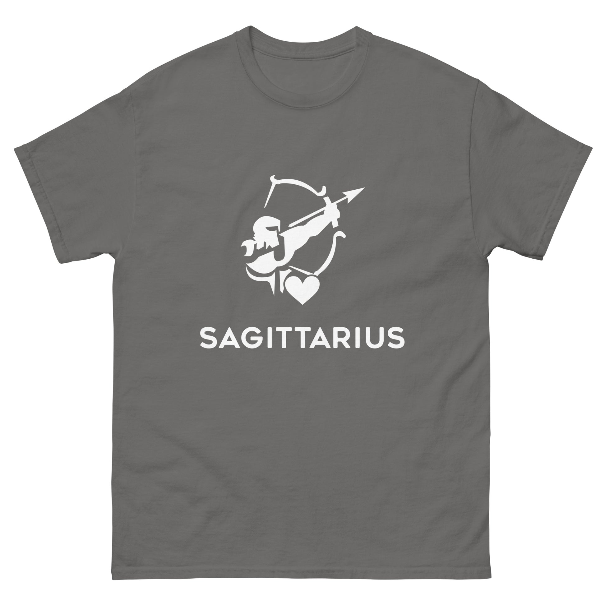 charcoal Sagittarius Zodiac Sign T-shirt from Yebber, featuring a minimalist archer symbol with a heart – statement clothing for astrology enthusiasts.