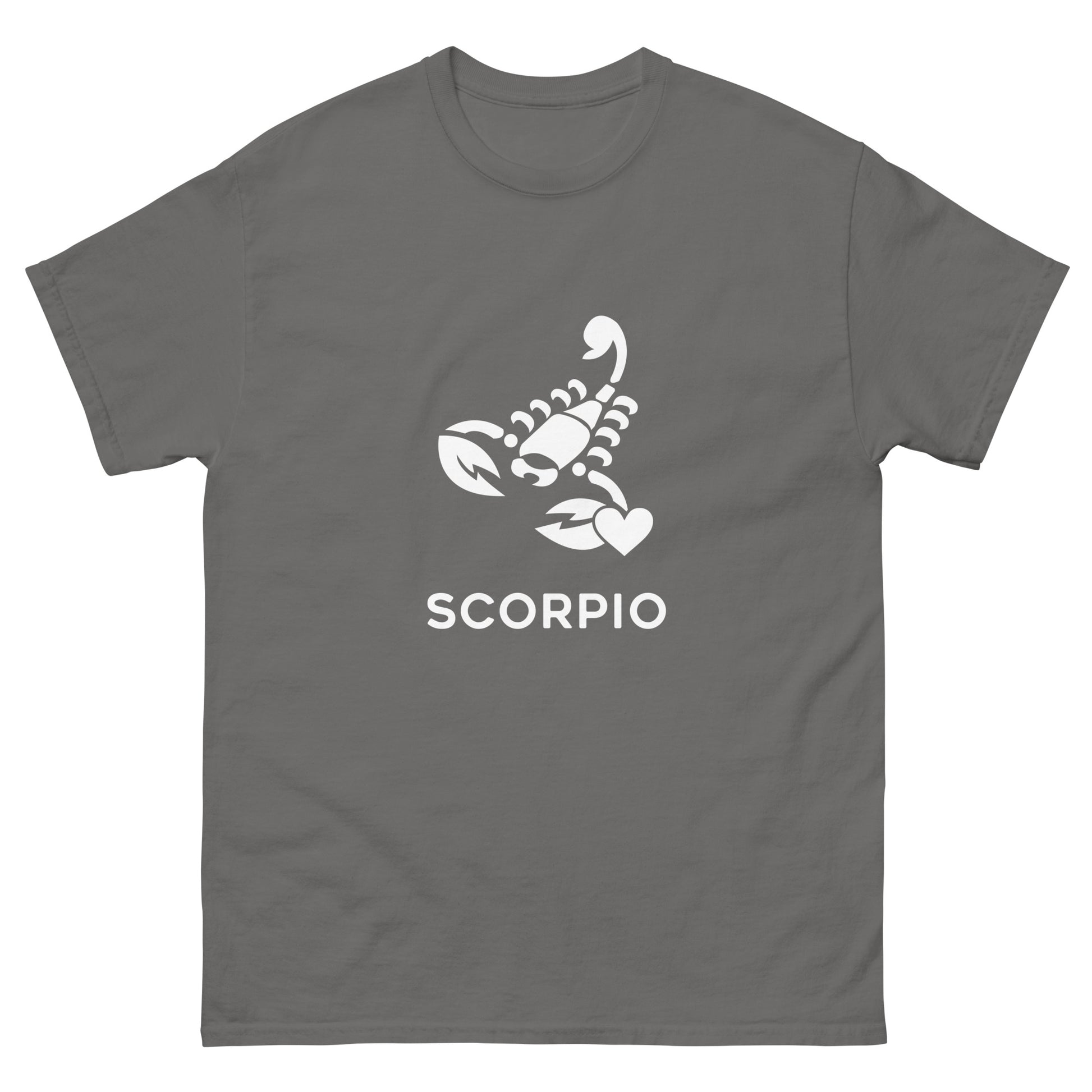 Charcoal Scorpio Zodiac Sign T-shirt from Yebber, featuring a minimalist scorpion symbol with a heart – statement clothing for astrology enthusiasts.