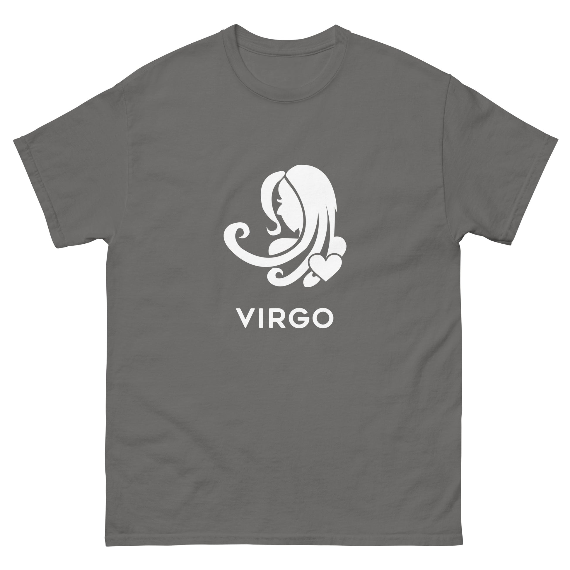 Charcoal Virgo Zodiac Sign T-shirt from Yebber, featuring a minimalist Virgo symbol with a heart – statement clothing for astrology enthusiasts.