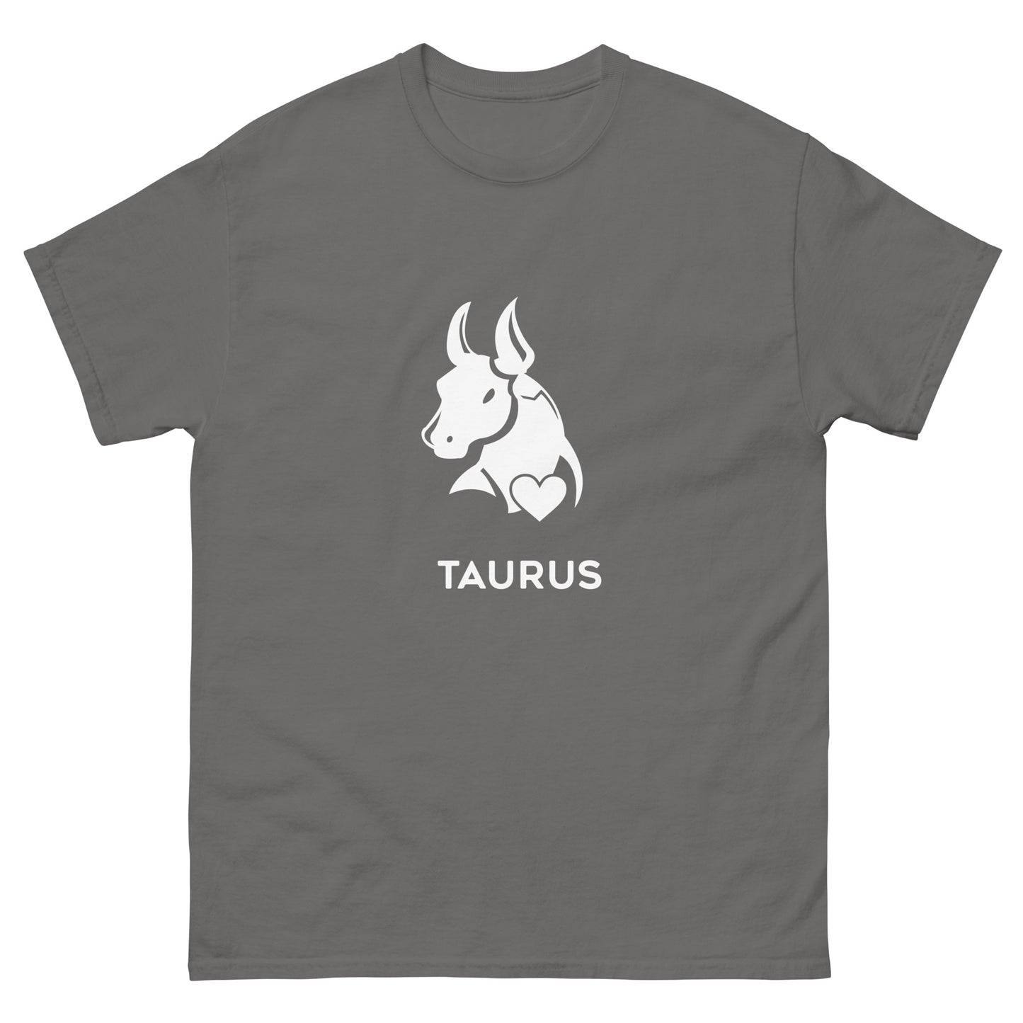 Charcoal Taurus Zodiac Sign T-shirt from Yebber, featuring a minimalist bull symbol in a heart – statement clothing for astrology enthusiasts.