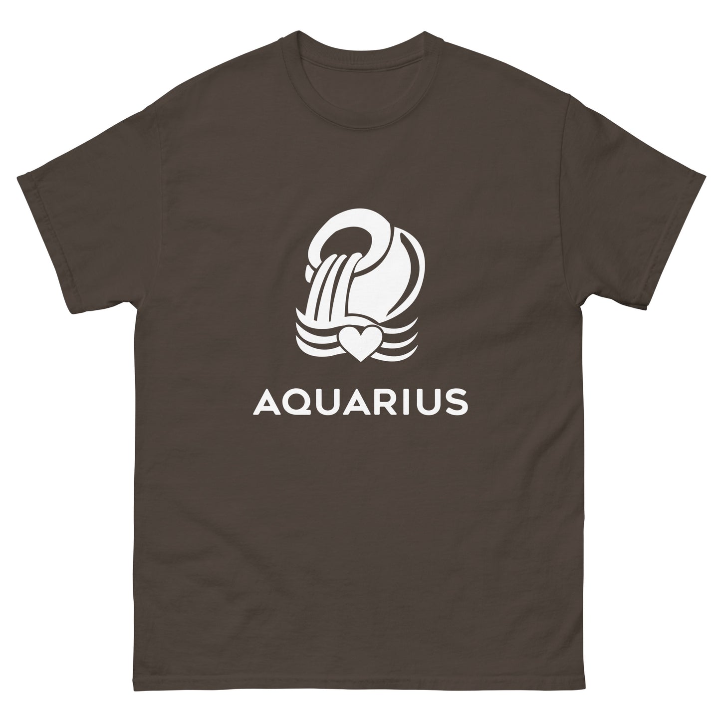 dark chocolate Aquarius Zodiac Sign T-shirt from Yebber, featuring a minimalist Aquarius glyph with a heart – perfect statement clothing for astrology lovers.