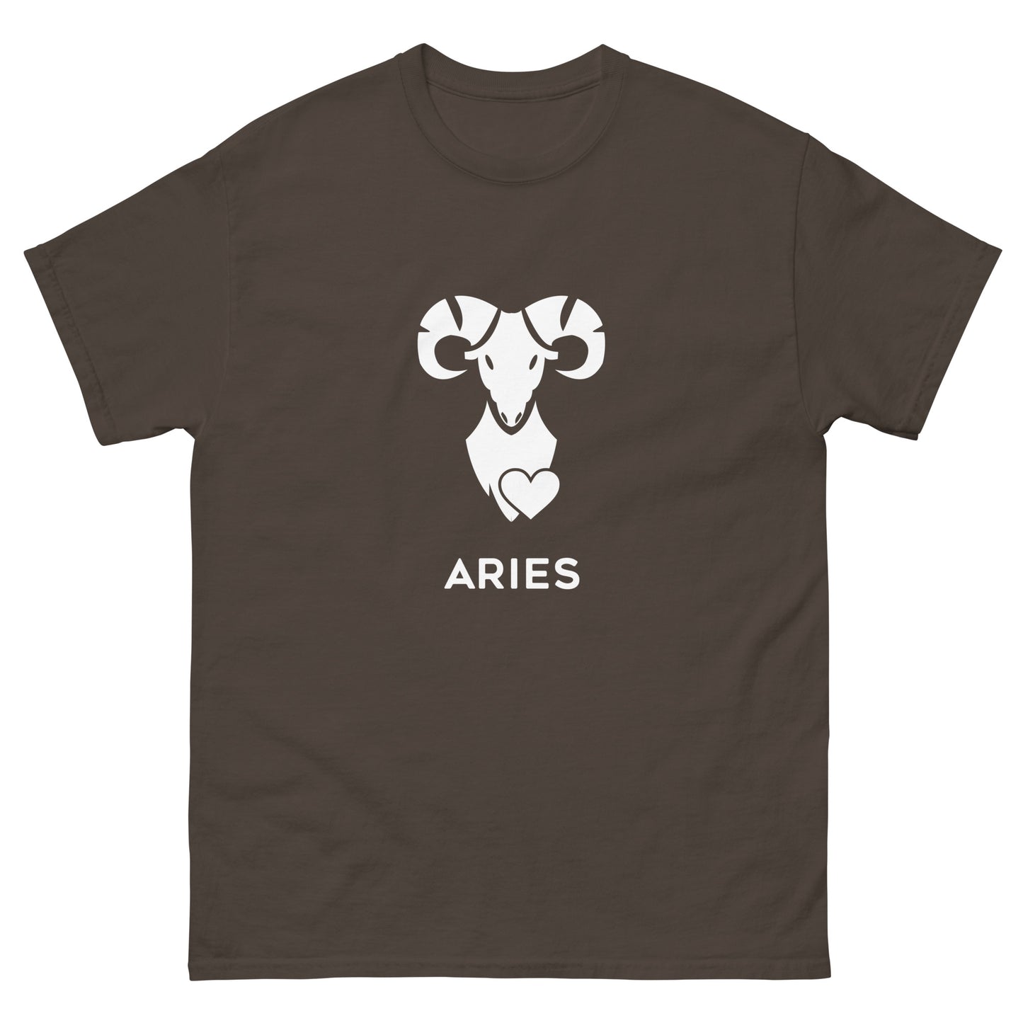 dark chocolate Aries Zodiac Sign T-shirt from Yebber, featuring a minimalist ram symbol with a heart – statement clothing for astrology enthusiasts.