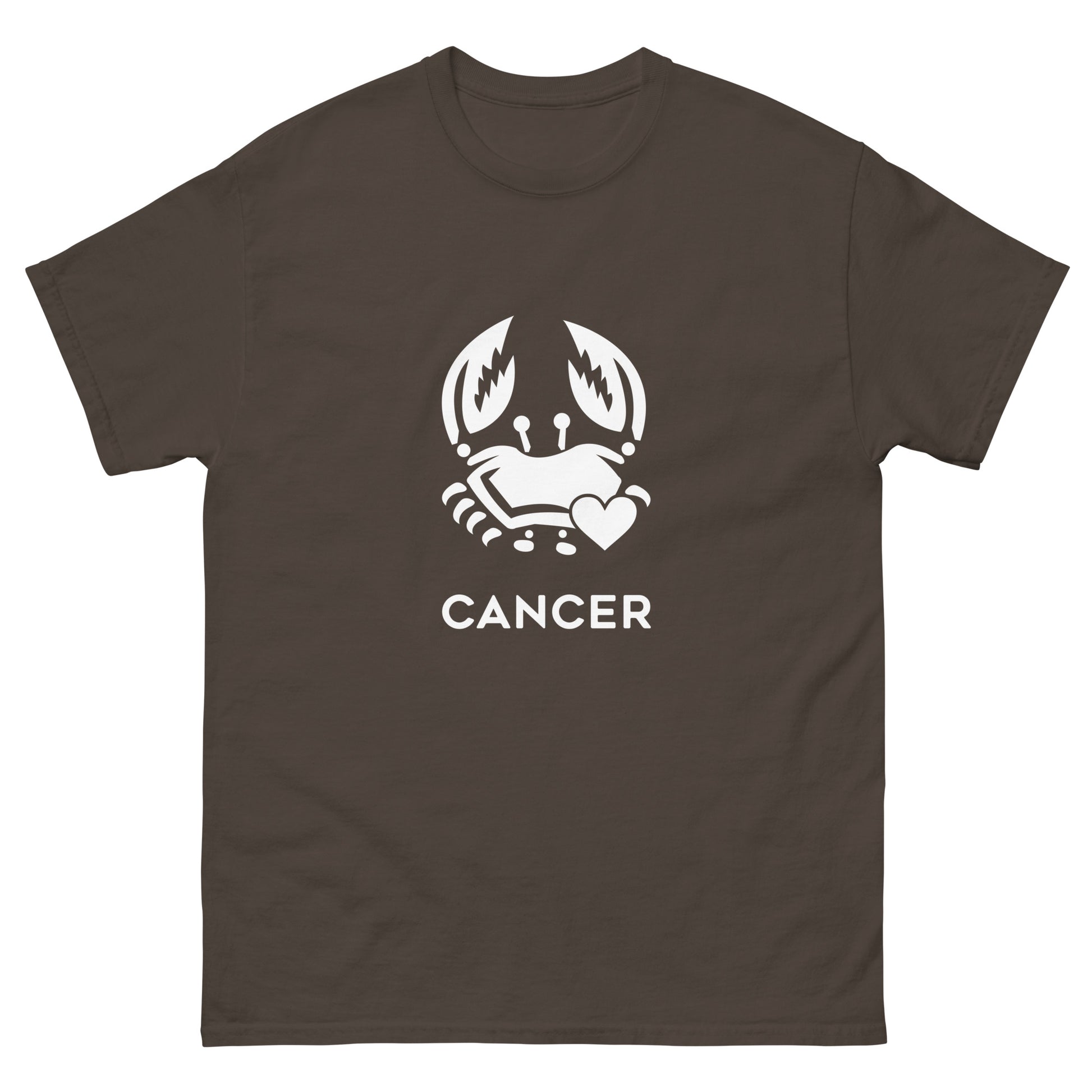 dark chocolate Cancer Zodiac Sign T-shirt from Yebber, featuring a minimalist crab symbol with a heart – statement clothing for astrology enthusiasts.