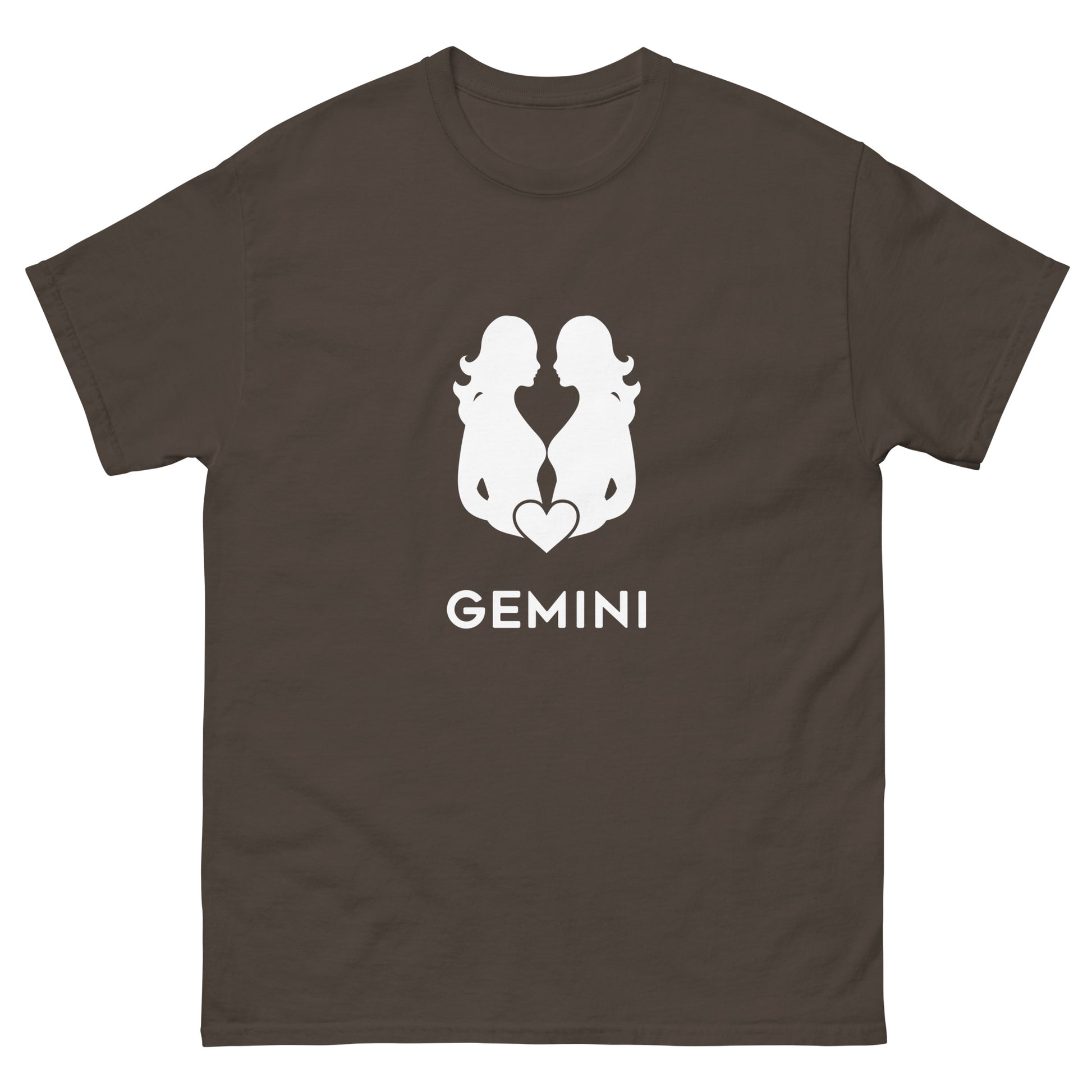 dark chocolate Gemini Zodiac Sign T-shirt from Yebber, featuring a minimalist twin symbol with a heart – statement clothing for astrology enthusiasts.