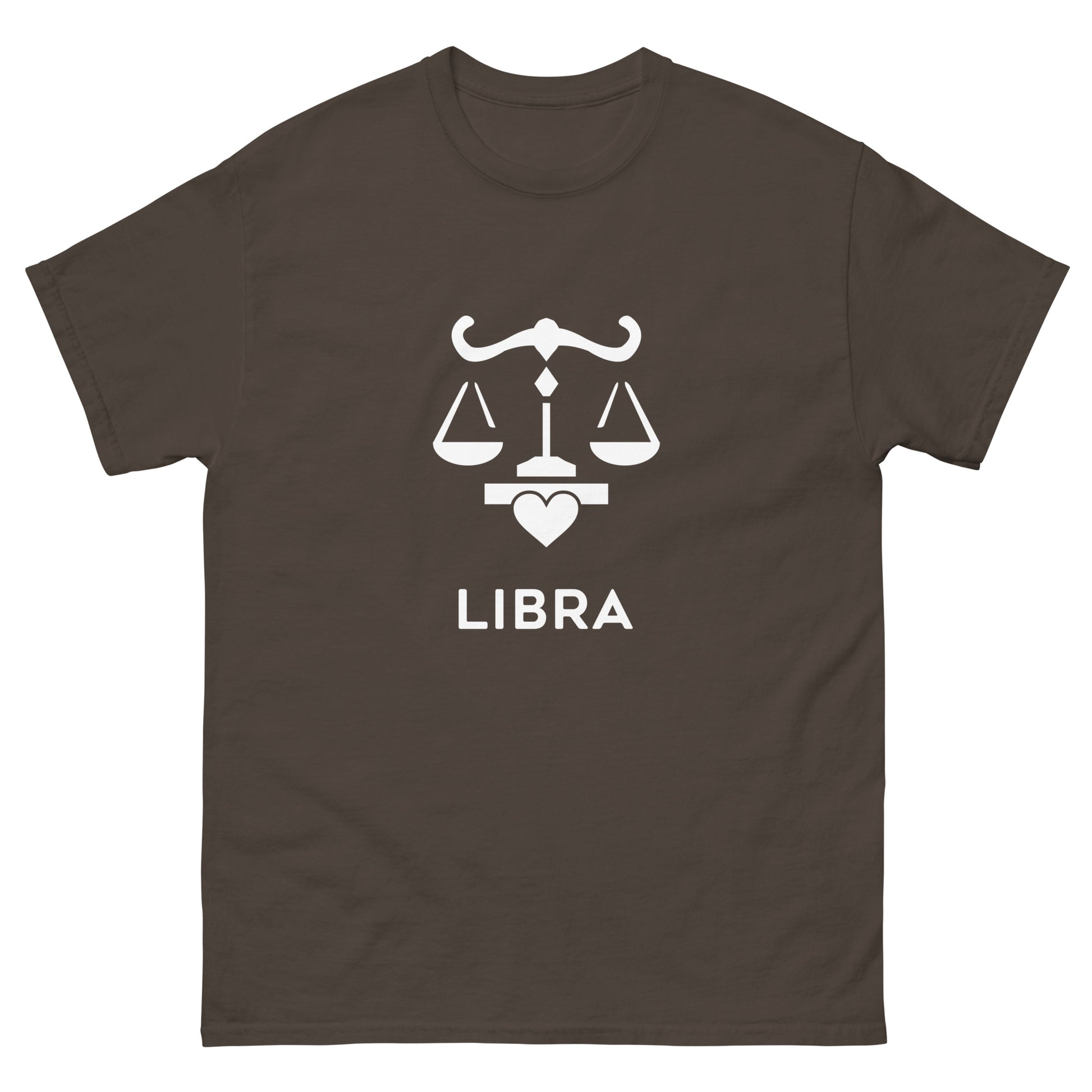 dark chocolate Libra Zodiac Sign T-shirt from Yebber, featuring a minimalist scales symbol with a heart – statement clothing for astrology enthusiasts.