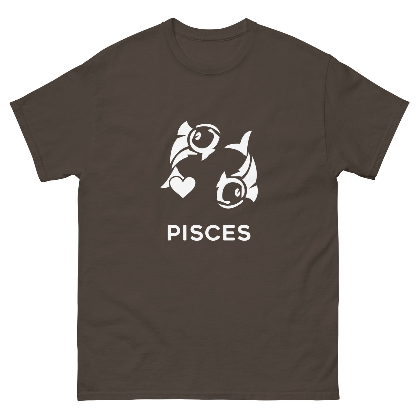 dark chocolate Pisces Zodiac Sign T-shirt from Yebber, featuring a minimalist fish symbol with a heart – statement clothing for astrology enthusiasts.