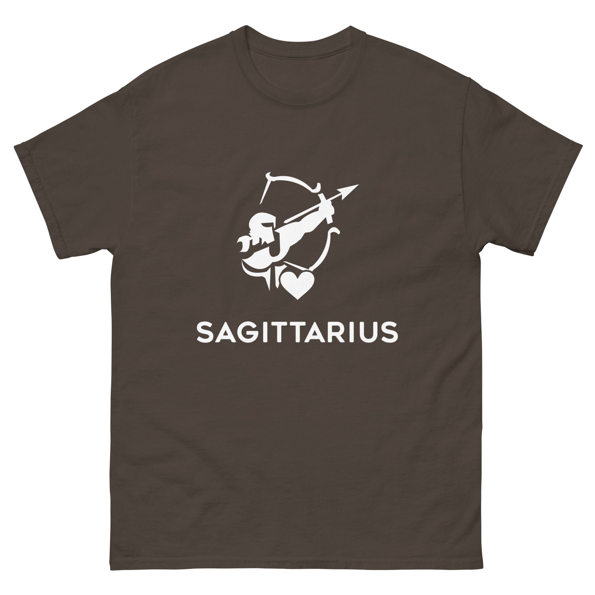 dark chocolate Sagittarius Zodiac Sign T-shirt from Yebber, featuring a minimalist archer symbol with a heart – statement clothing for astrology enthusiasts.