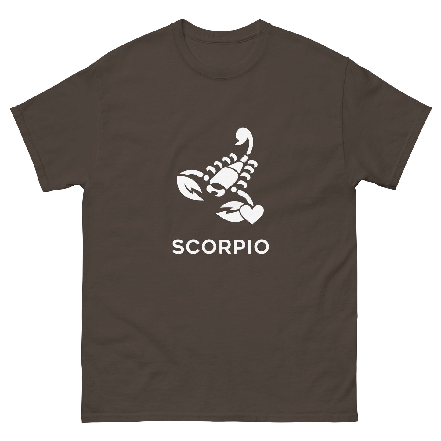 Dark Chocolate Scorpio Zodiac Sign T-shirt from Yebber, featuring a minimalist scorpion symbol with a heart – statement clothing for astrology enthusiasts.