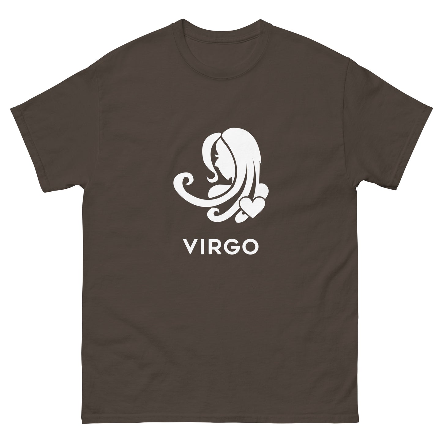 Dark Chocolate Virgo Zodiac Sign T-shirt from Yebber, featuring a minimalist Virgo symbol with a heart – statement clothing for astrology enthusiasts.