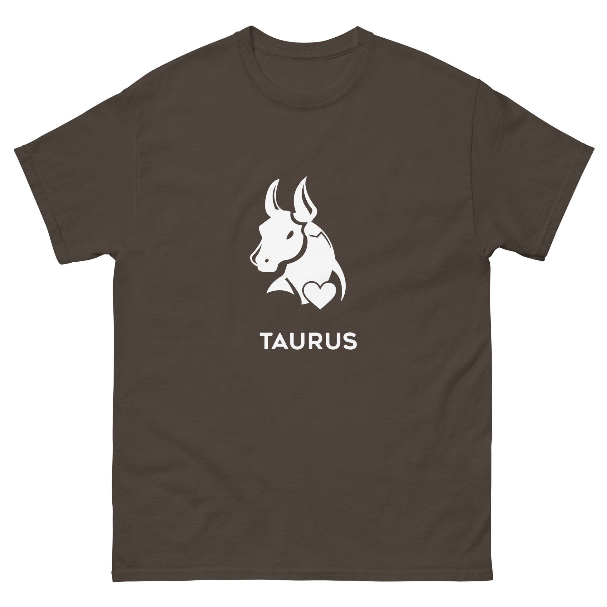 Dark Chocolate Taurus Zodiac Sign T-shirt from Yebber, featuring a minimalist bull symbol in a heart – statement clothing for astrology enthusiasts.