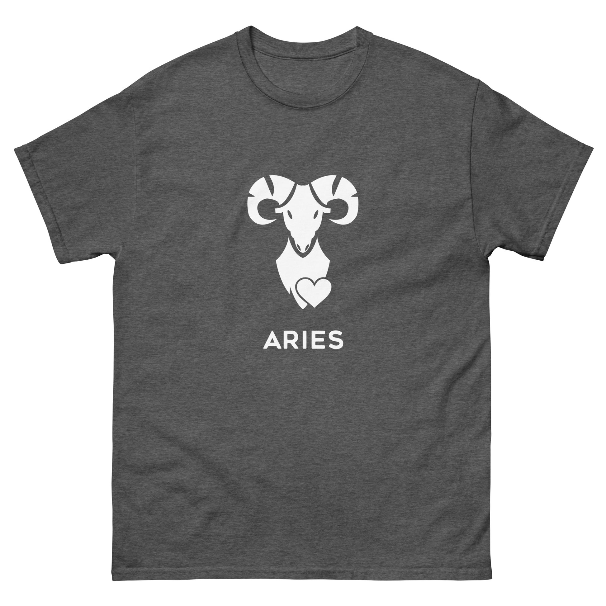 dark heather Aries Zodiac Sign T-shirt from Yebber, featuring a minimalist ram symbol with a heart – statement clothing for astrology enthusiasts.