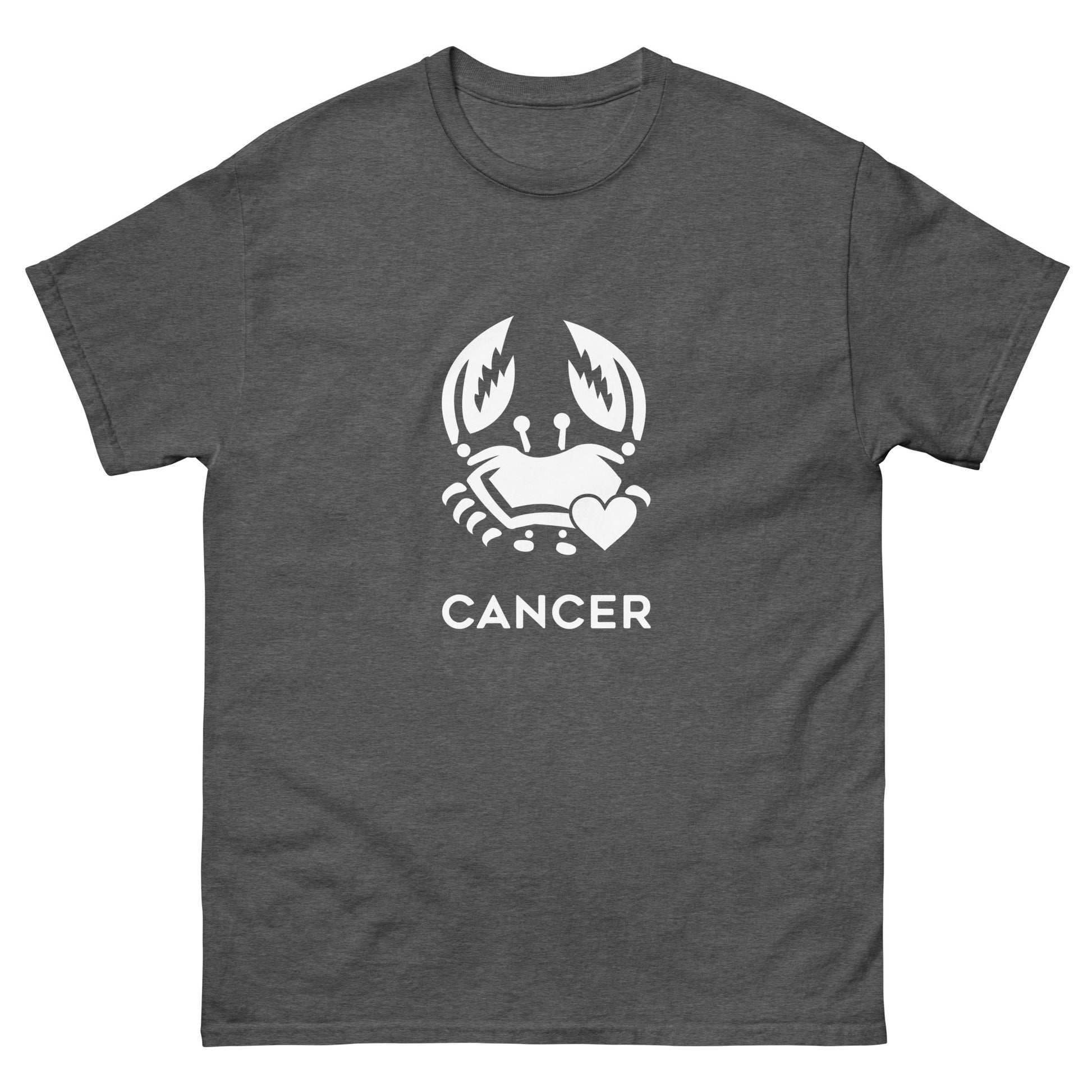 dark heather Cancer Zodiac Sign T-shirt from Yebber, featuring a minimalist crab symbol with a heart – statement clothing for astrology enthusiasts.