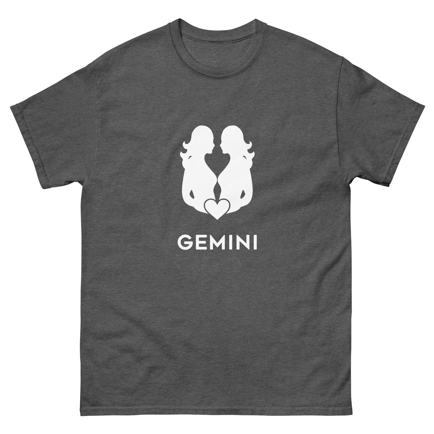 dark heather Gemini Zodiac Sign T-shirt from Yebber, featuring a minimalist twin symbol with a heart – statement clothing for astrology enthusiasts.