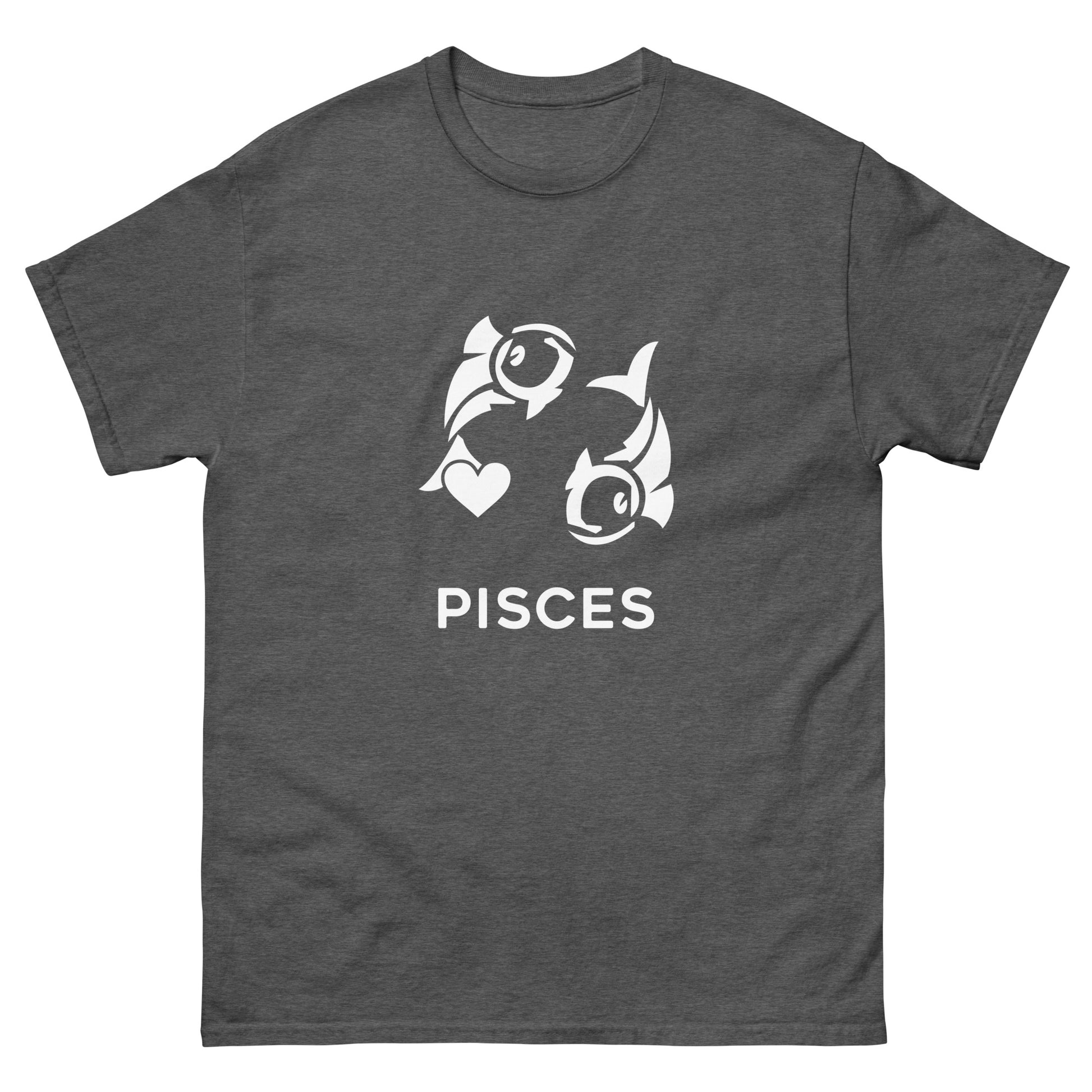 dark heather Pisces Zodiac Sign T-shirt from Yebber, featuring a minimalist fish symbol with a heart – statement clothing for astrology enthusiasts.