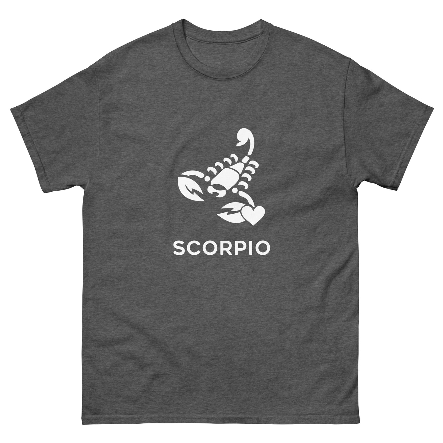 Dark Heather Scorpio Zodiac Sign T-shirt from Yebber, featuring a minimalist scorpion symbol with a heart – statement clothing for astrology enthusiasts.