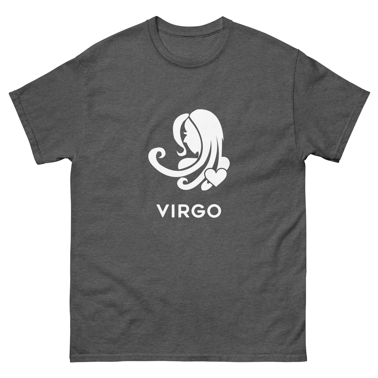 Dark Heather Virgo Zodiac Sign T-shirt from Yebber, featuring a minimalist Virgo symbol with a heart – statement clothing for astrology enthusiasts.