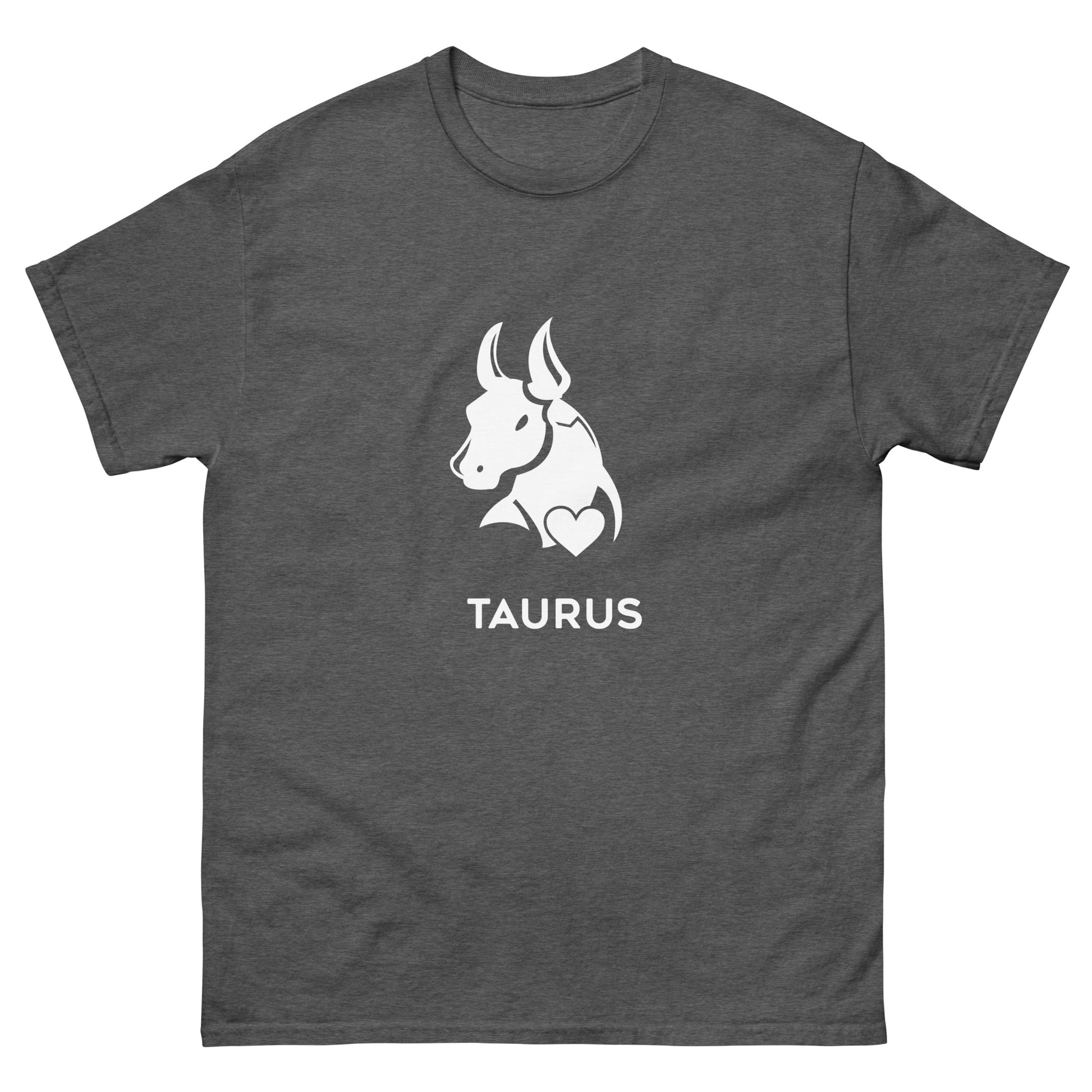 Dark Heather Taurus Zodiac Sign T-shirt from Yebber, featuring a minimalist bull symbol in a heart – statement clothing for astrology enthusiasts.