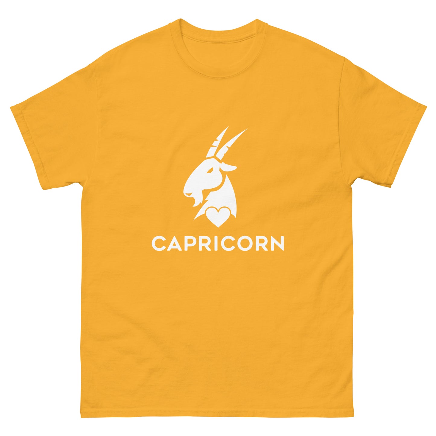 gold Capricorn Zodiac Sign T-shirt from Yebber, featuring a minimalist goat symbol with a heart – statement clothing for astrology enthusiasts.