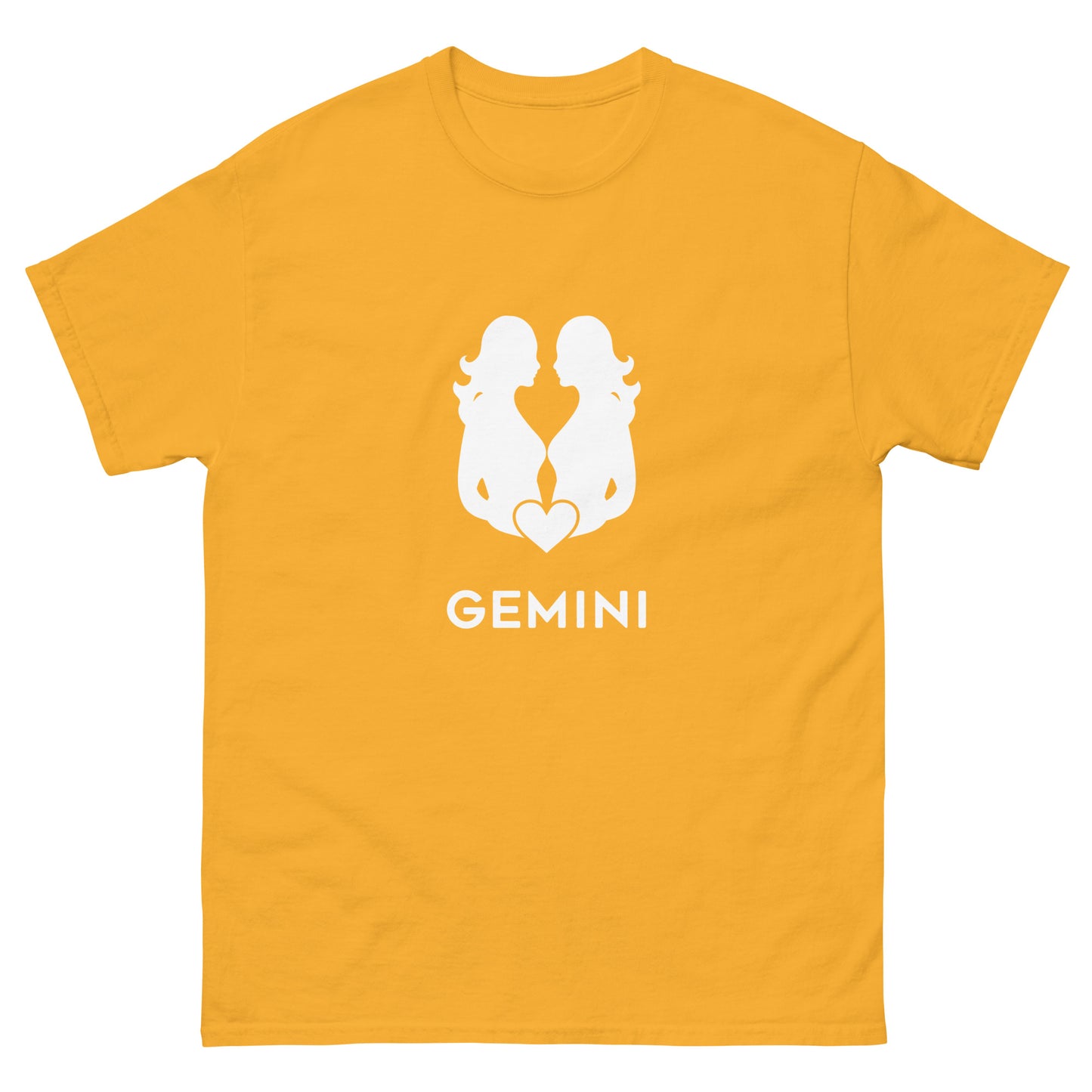 gold Gemini Zodiac Sign T-shirt from Yebber, featuring a minimalist twin symbol with a heart – statement clothing for astrology enthusiasts.