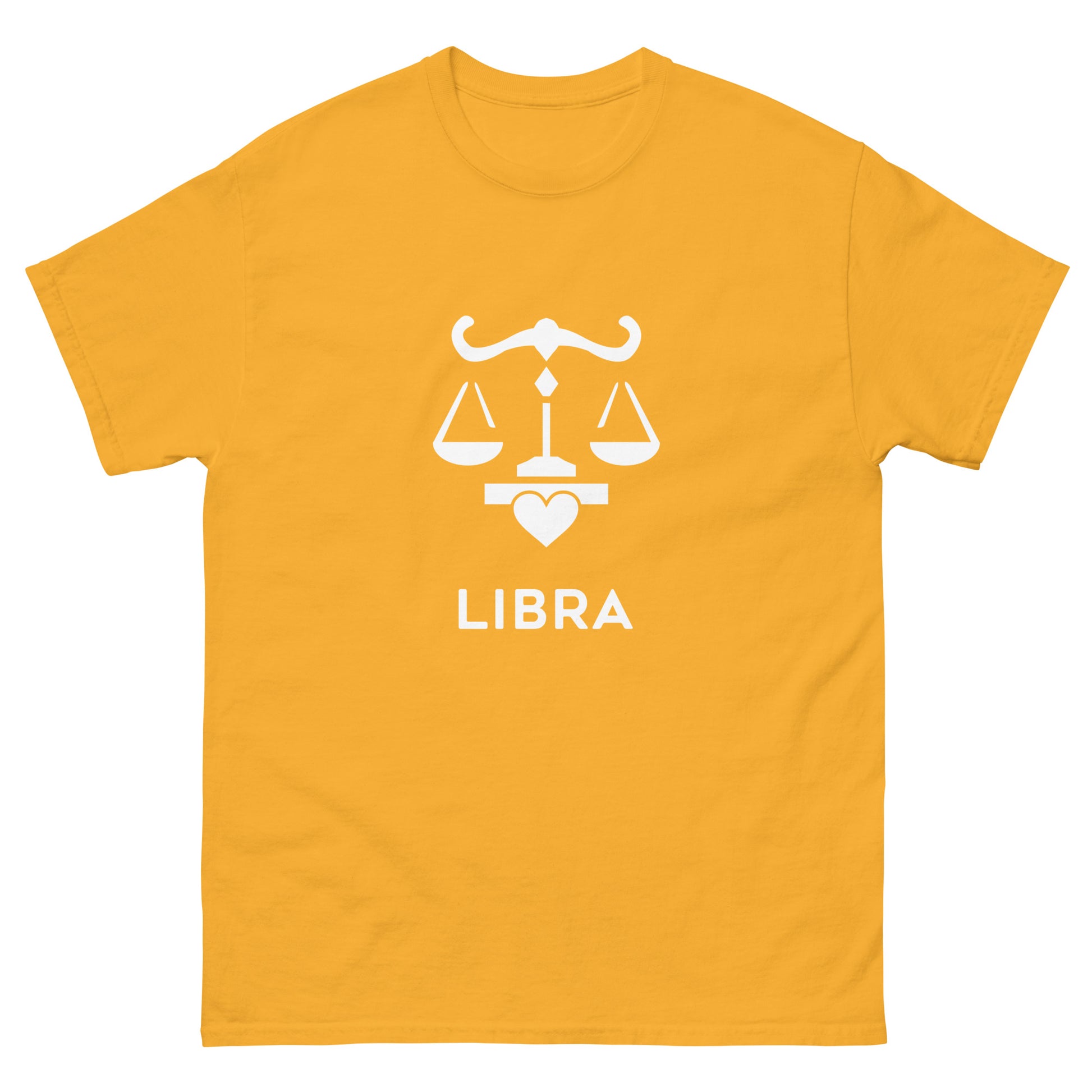 gold Libra Zodiac Sign T-shirt from Yebber, featuring a minimalist scales symbol with a heart – statement clothing for astrology enthusiasts.